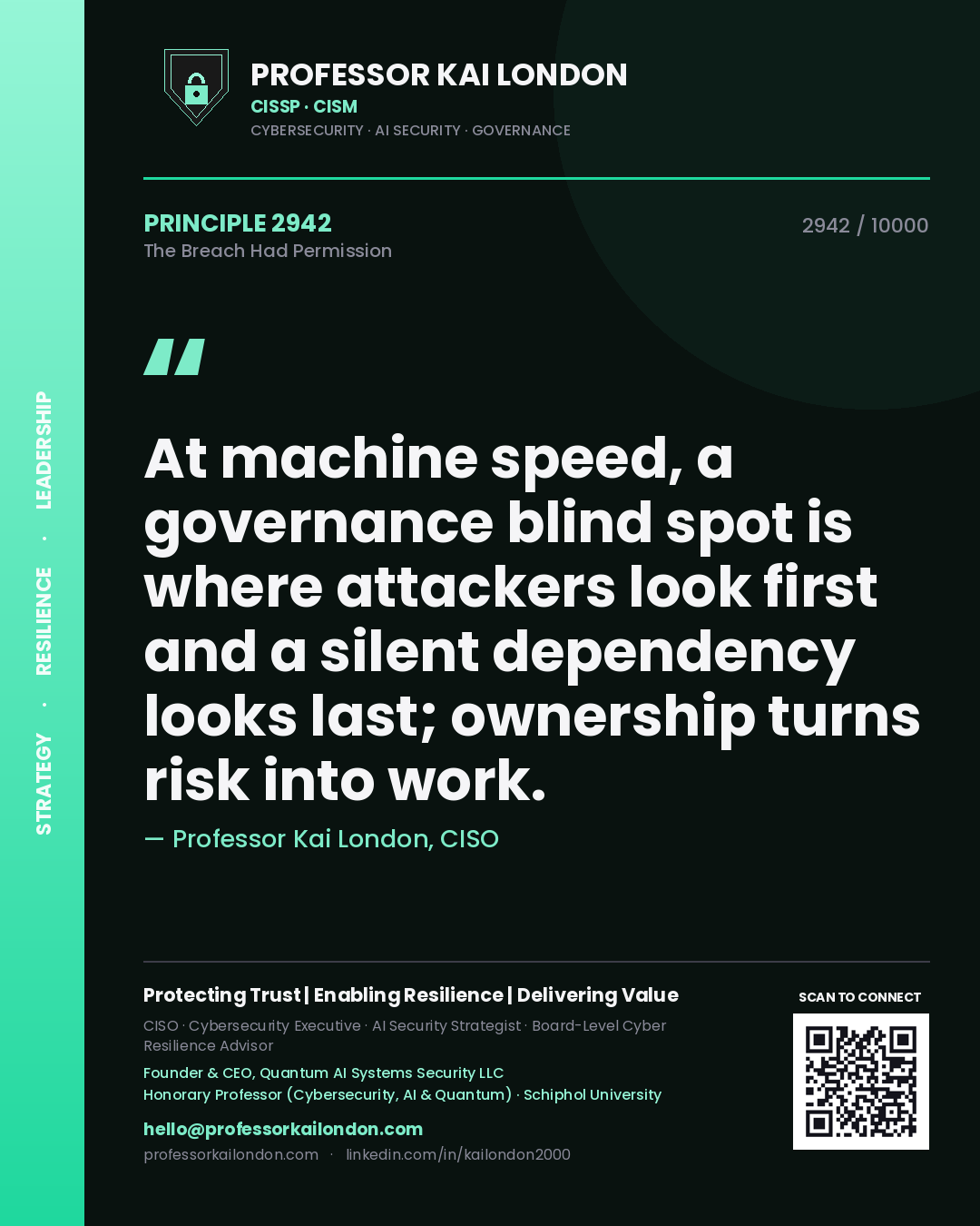Quote card by Professor Kai London reading 'At machine speed, a governance blind spot is where attackers look first and a silent dependency looks last; ownership turns risk into work.'. From the book The Breach Had Permission.