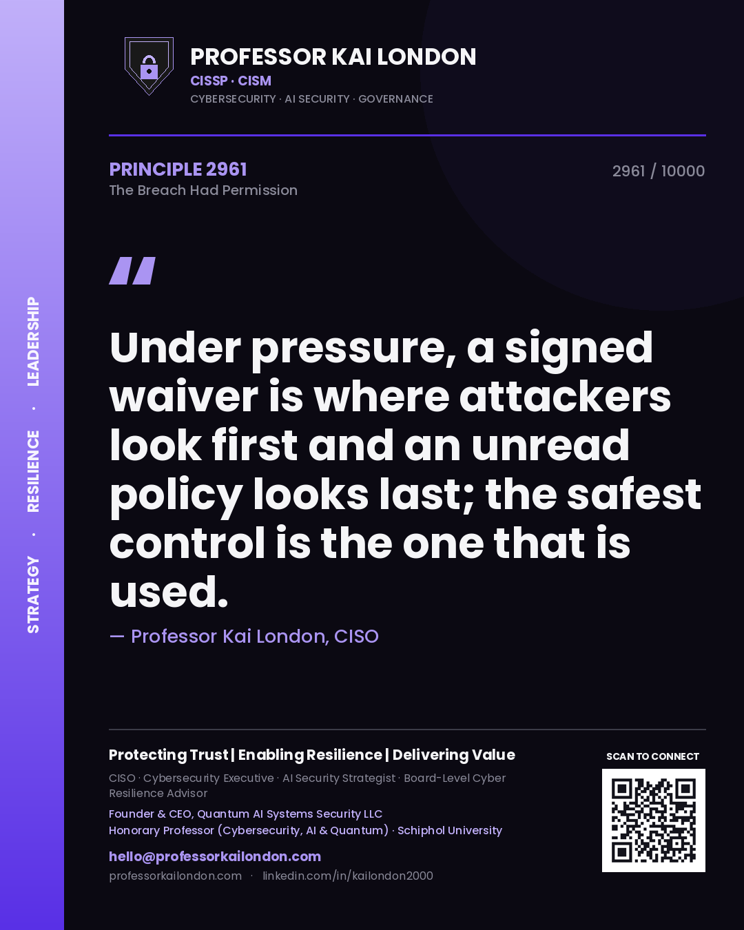 Quote card by Professor Kai London reading 'Under pressure, a signed waiver is where attackers look first and an unread policy looks last; the safest control is the one that is used.'. From the book The Breach Had Permission.