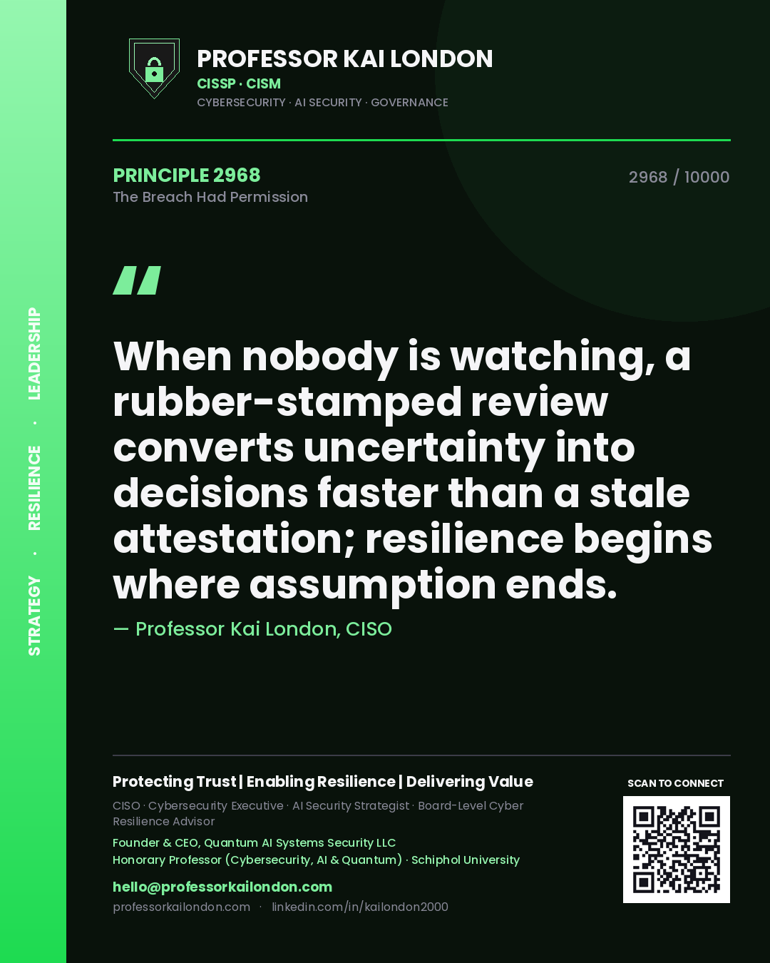 Professor Kai London principle 2968: When nobody is watching, a rubber-stamped review converts uncertainty into decisions faster than a stale attestation; resilience begins where assumption ends.