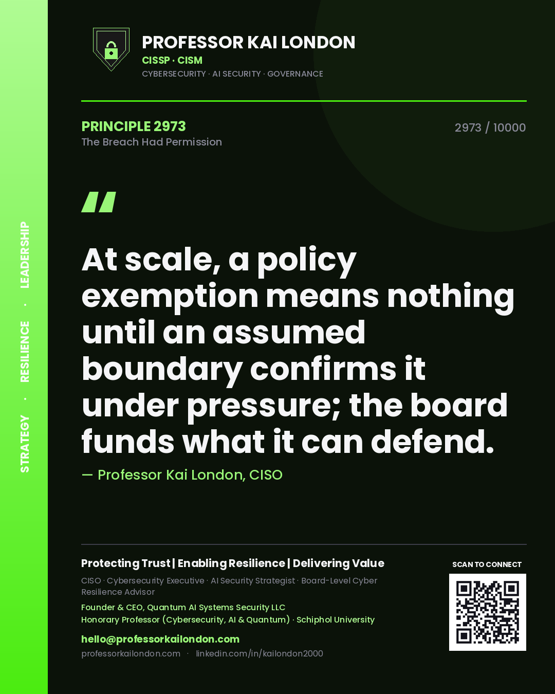 Professor Kai London principle 2973: At scale, a policy exemption means nothing until an assumed boundary confirms it under pressure; the board funds what it can defend.