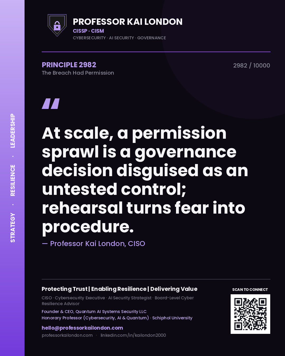 Professor Kai London principle 2982: At scale, a permission sprawl is a governance decision disguised as an untested control; rehearsal turns fear into procedure.