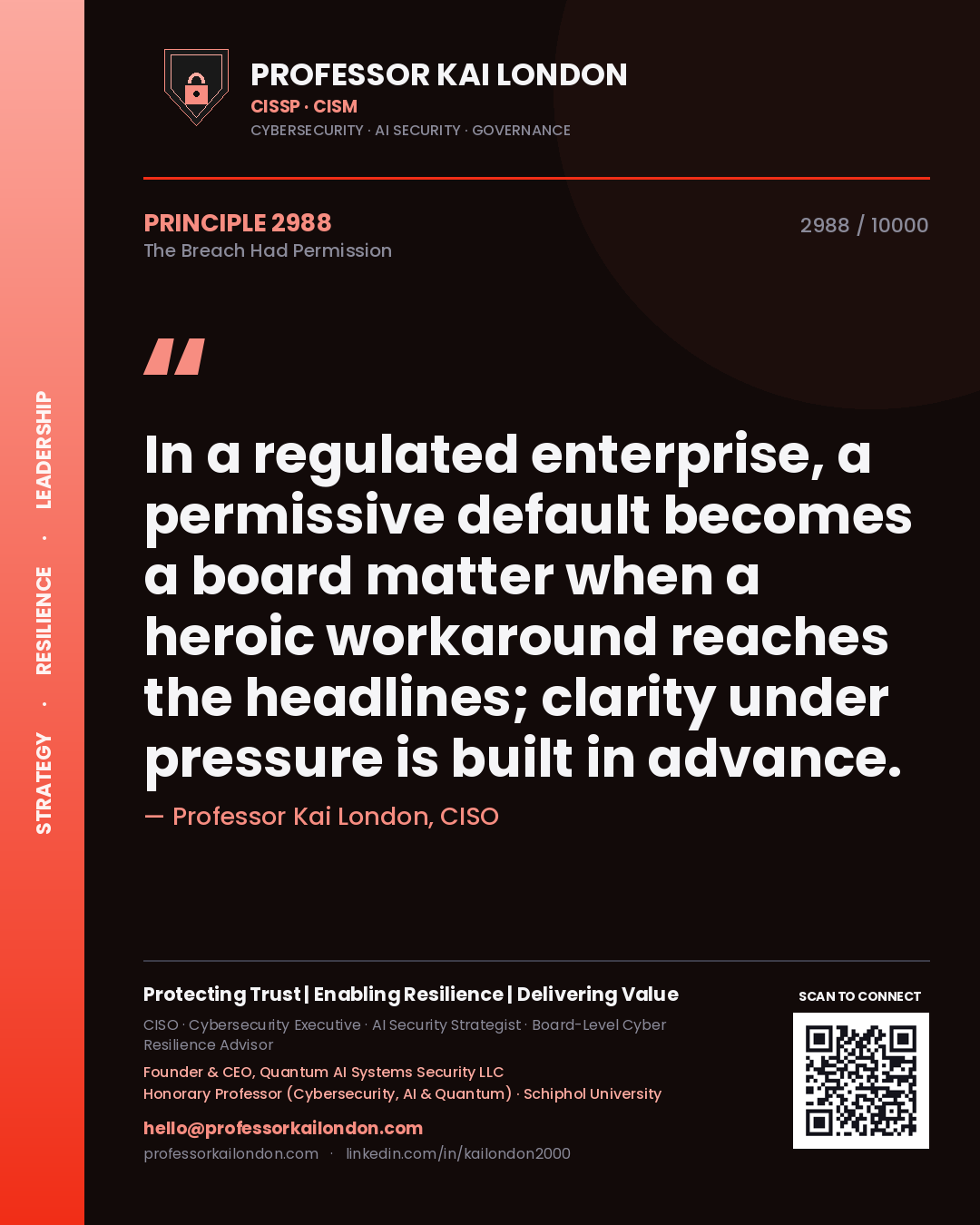 Quote card by Professor Kai London reading 'In a regulated enterprise, a permissive default becomes a board matter when a heroic workaround reaches the headlines; clarity under pressure is built in advance.'. From the book The Breach Had Permission.