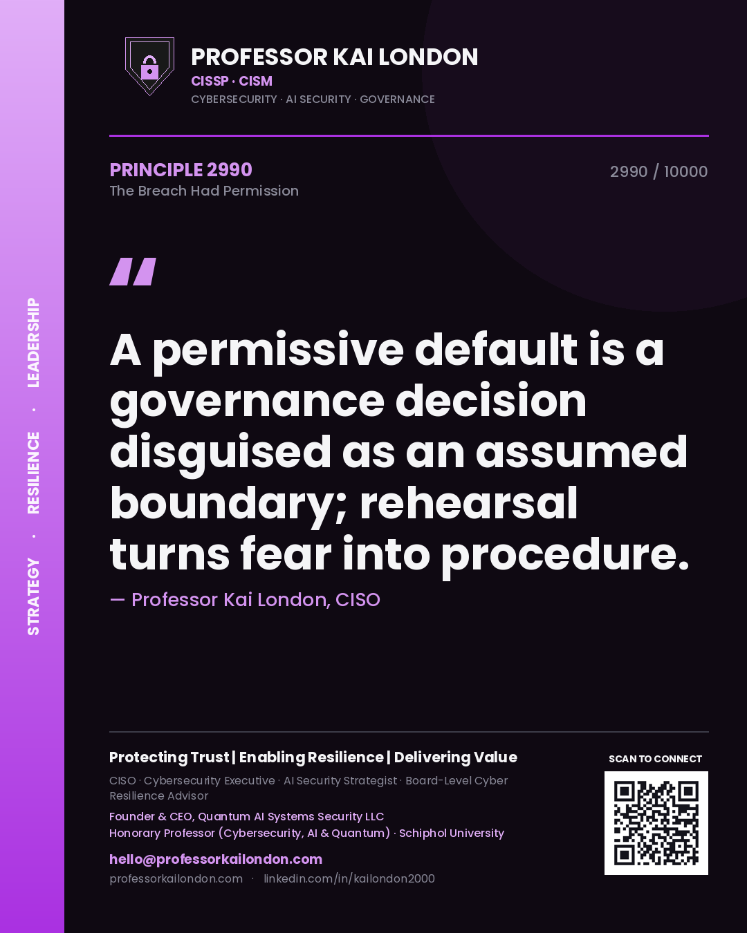Professor Kai London principle 2990: A permissive default is a governance decision disguised as an assumed boundary; rehearsal turns fear into procedure.