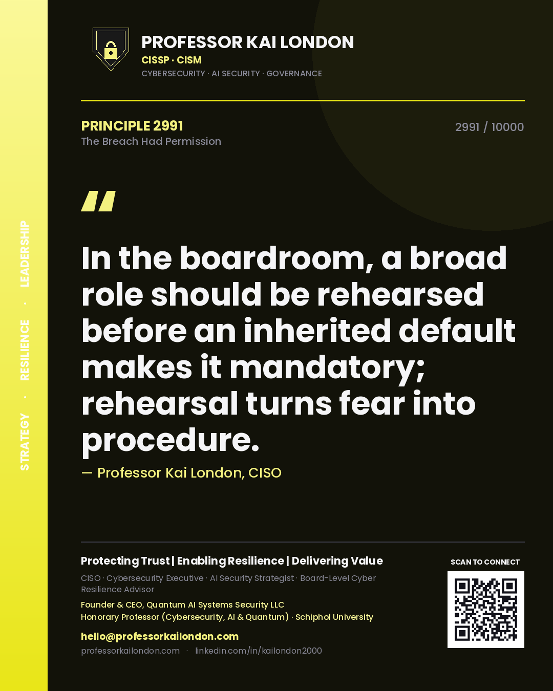 Quote card by Professor Kai London reading 'In the boardroom, a broad role should be rehearsed before an inherited default makes it mandatory; rehearsal turns fear into procedure.'. From the book The Breach Had Permission.
