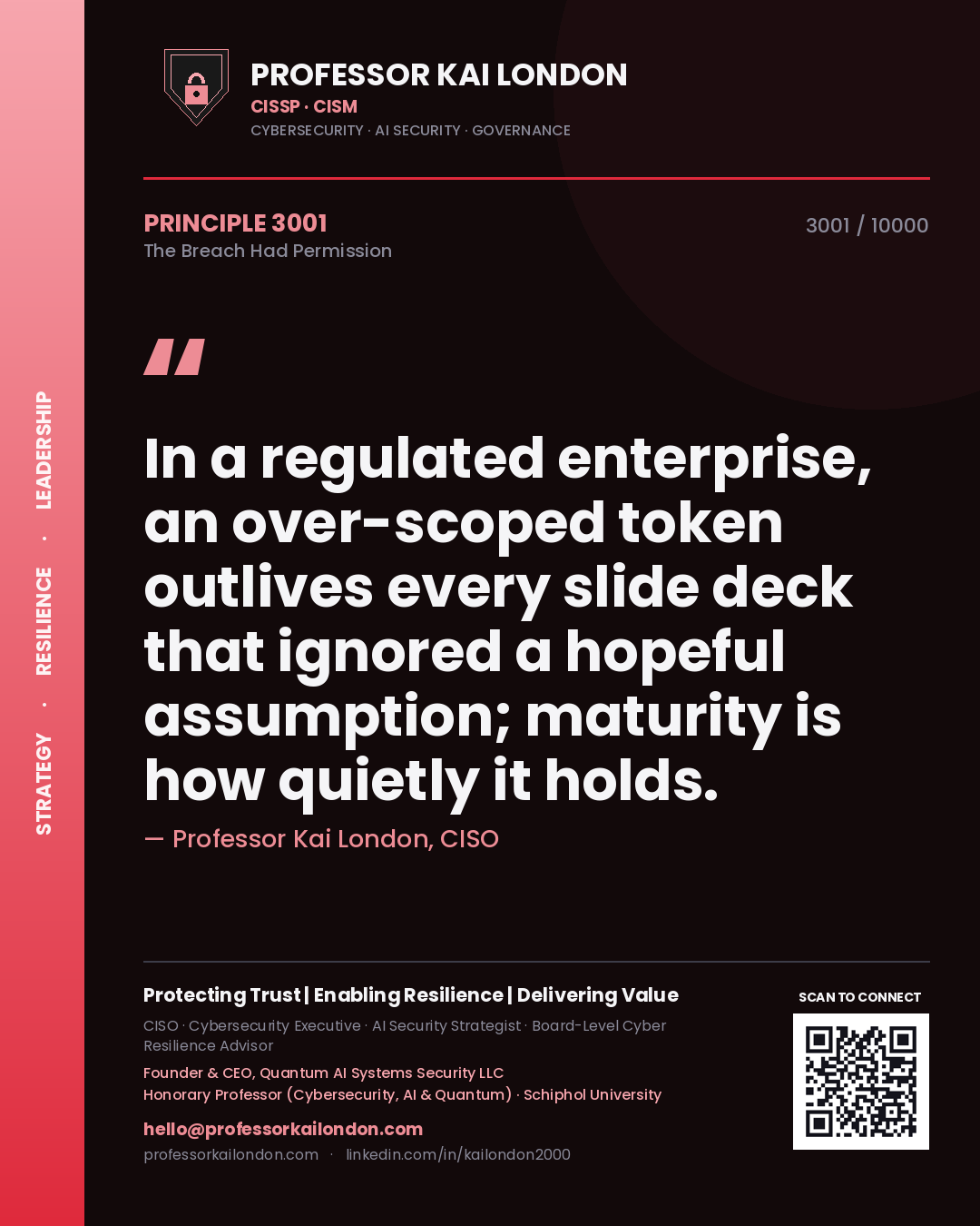 Professor Kai London principle 3001: In a regulated enterprise, an over-scoped token outlives every slide deck that ignored a hopeful assumption; maturity is how quietly it holds.