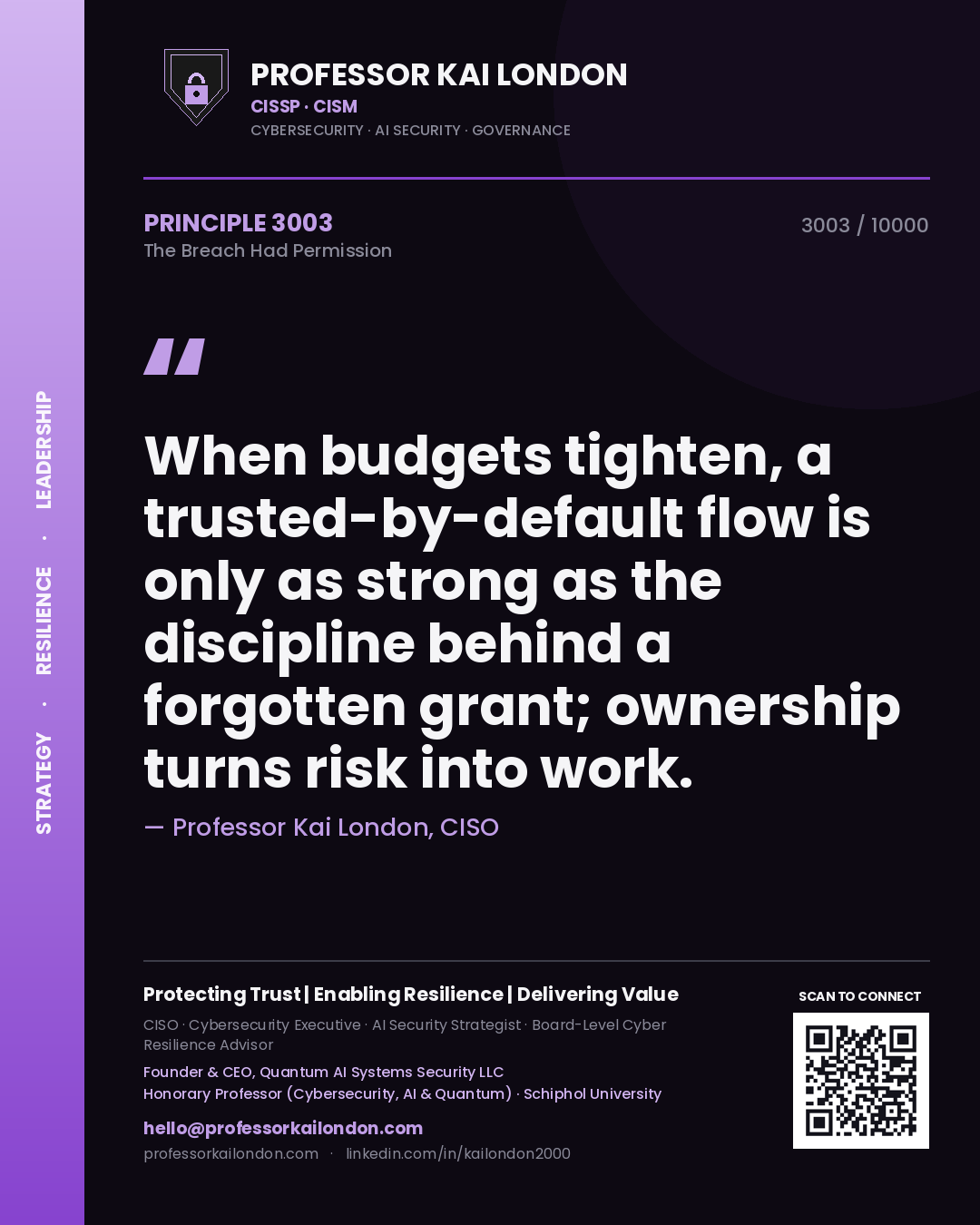 Professor Kai London principle 3003: When budgets tighten, a trusted-by-default flow is only as strong as the discipline behind a forgotten grant; ownership turns risk into work.
