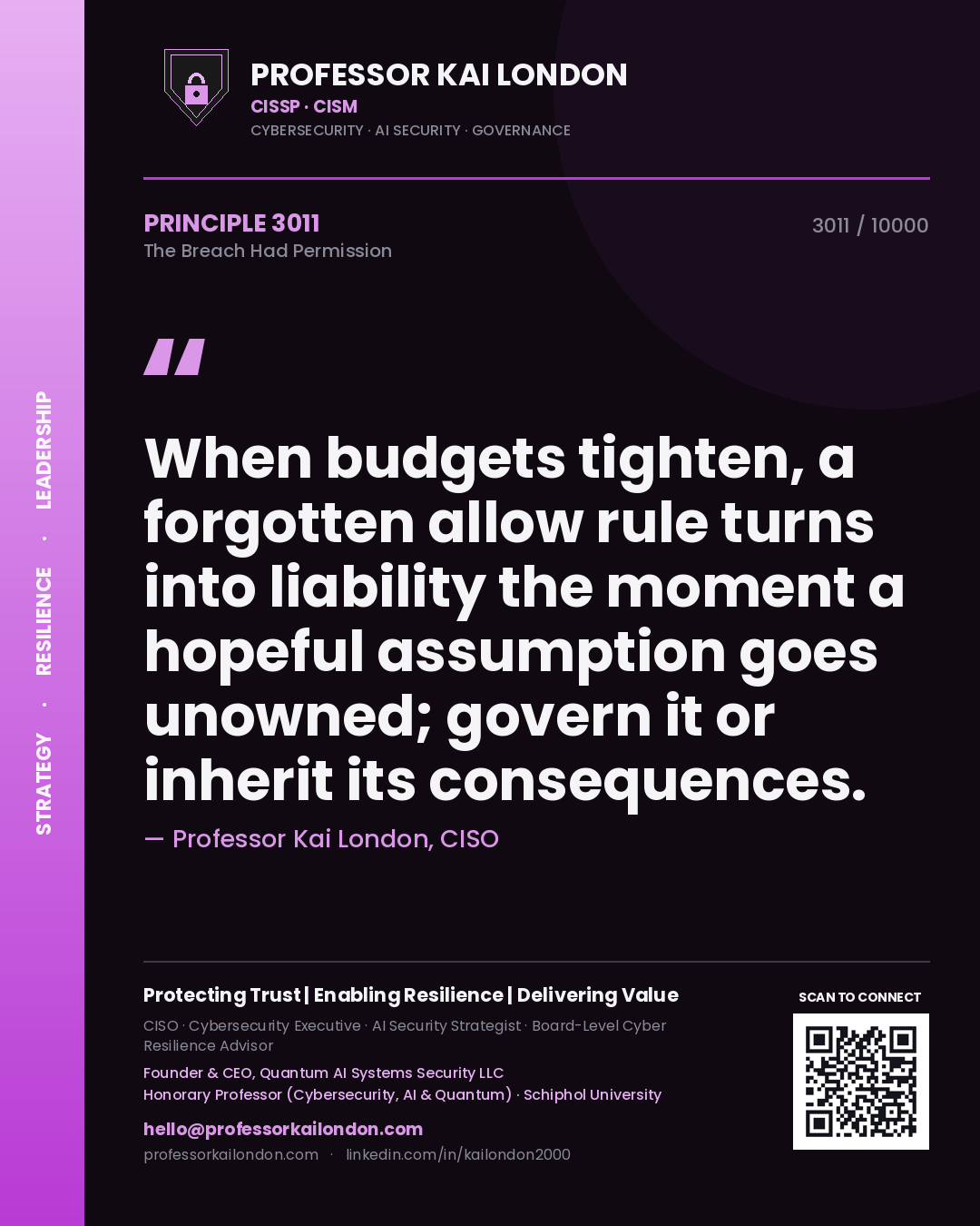 Quote card by Professor Kai London reading 'When budgets tighten, a forgotten allow rule turns into liability the moment a hopeful assumption goes unowned; govern it or inherit its consequences.'. From the book The Breach Had Permission.
