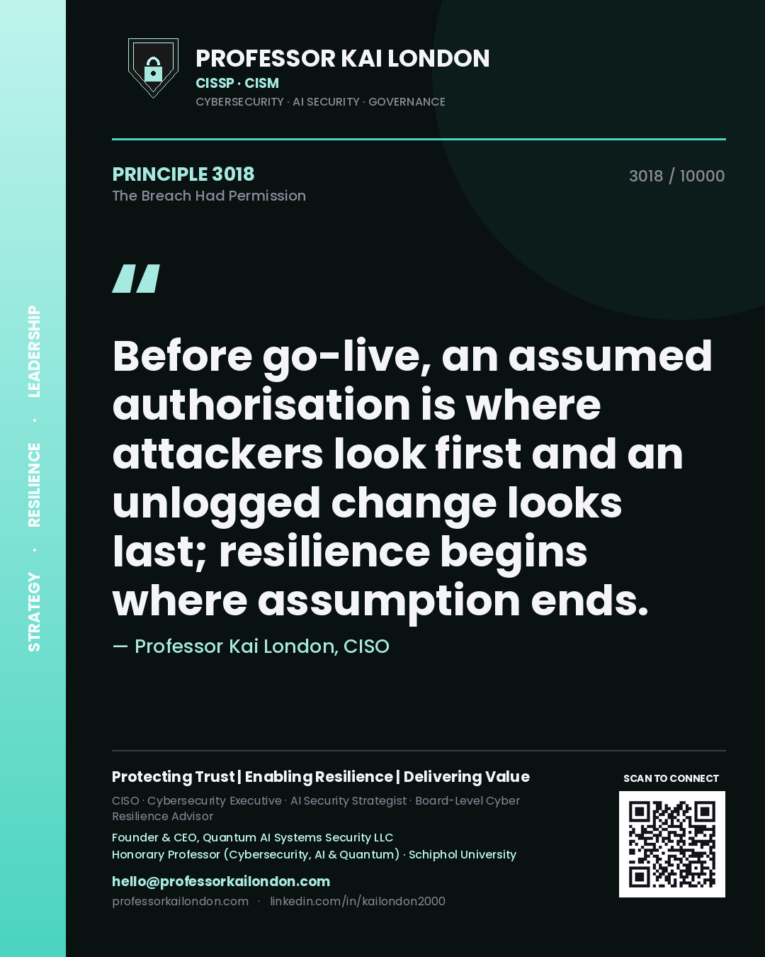 Quote card by Professor Kai London reading 'Before go-live, an assumed authorisation is where attackers look first and an unlogged change looks last; resilience begins where assumption ends.'. From the book The Breach Had Permission.