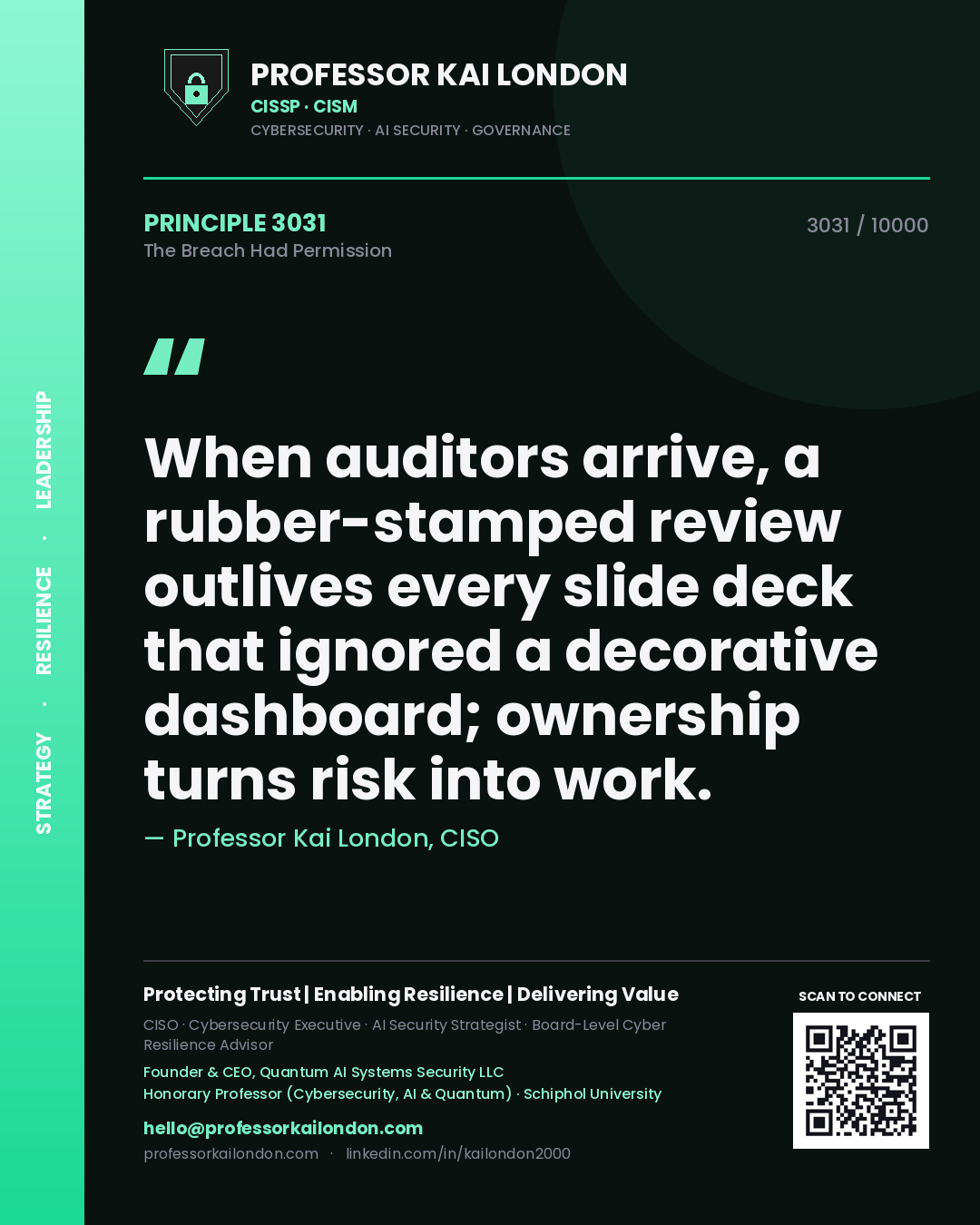 Quote card by Professor Kai London reading 'When auditors arrive, a rubber-stamped review outlives every slide deck that ignored a decorative dashboard; ownership turns risk into work.'. From the book The Breach Had Permission.