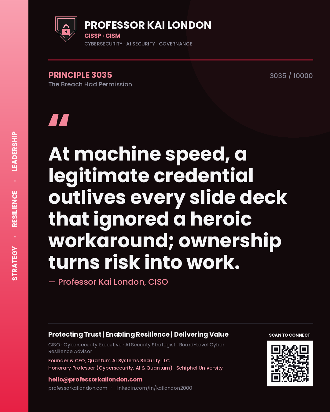 Professor Kai London principle 3035: At machine speed, a legitimate credential outlives every slide deck that ignored a heroic workaround; ownership turns risk into work.