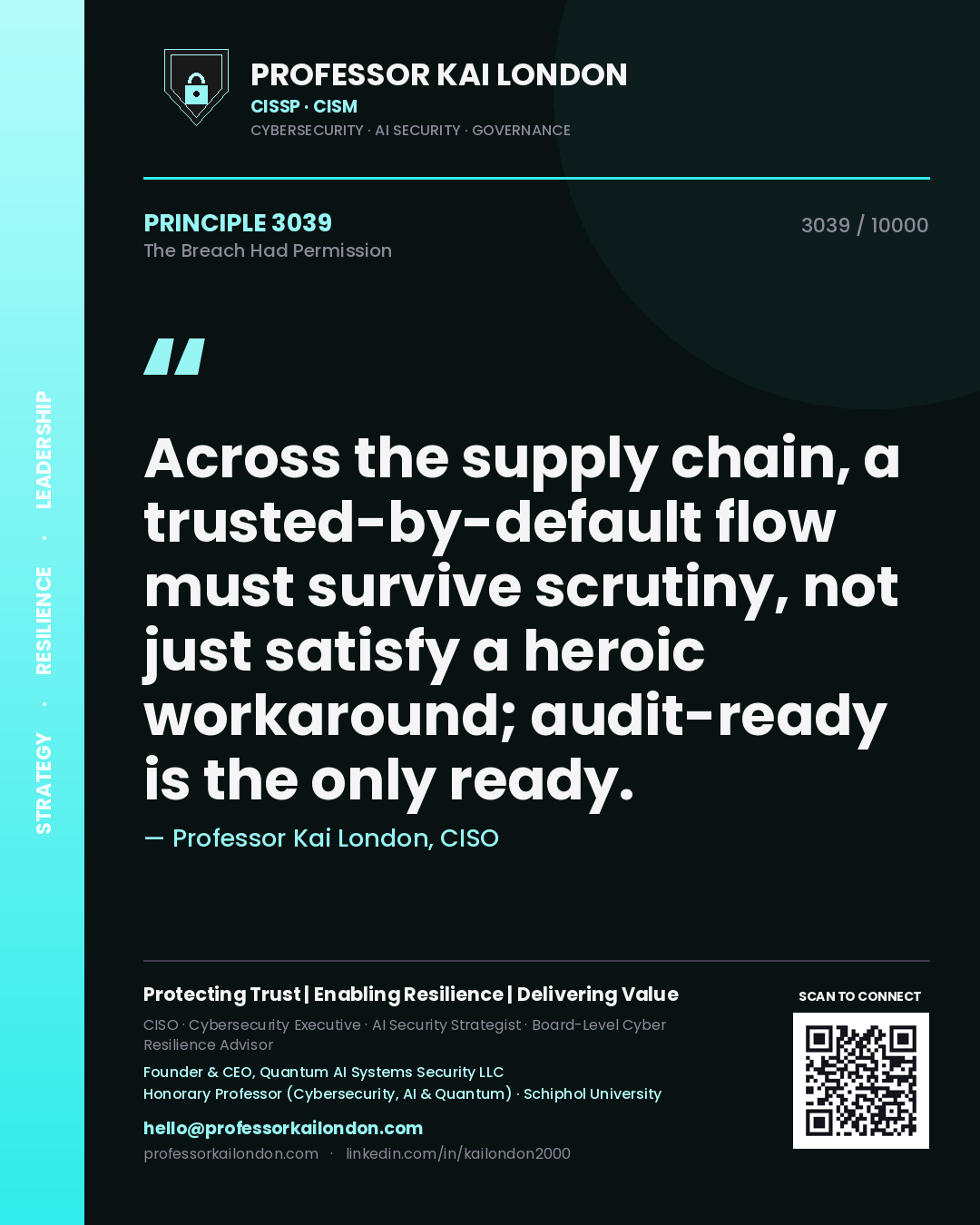 Professor Kai London principle 3039: Across the supply chain, a trusted-by-default flow must survive scrutiny, not just satisfy a heroic workaround; audit-ready is the only ready.