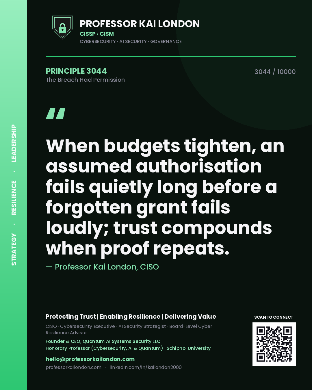 Professor Kai London principle 3044: When budgets tighten, an assumed authorisation fails quietly long before a forgotten grant fails loudly; trust compounds when proof repeats.
