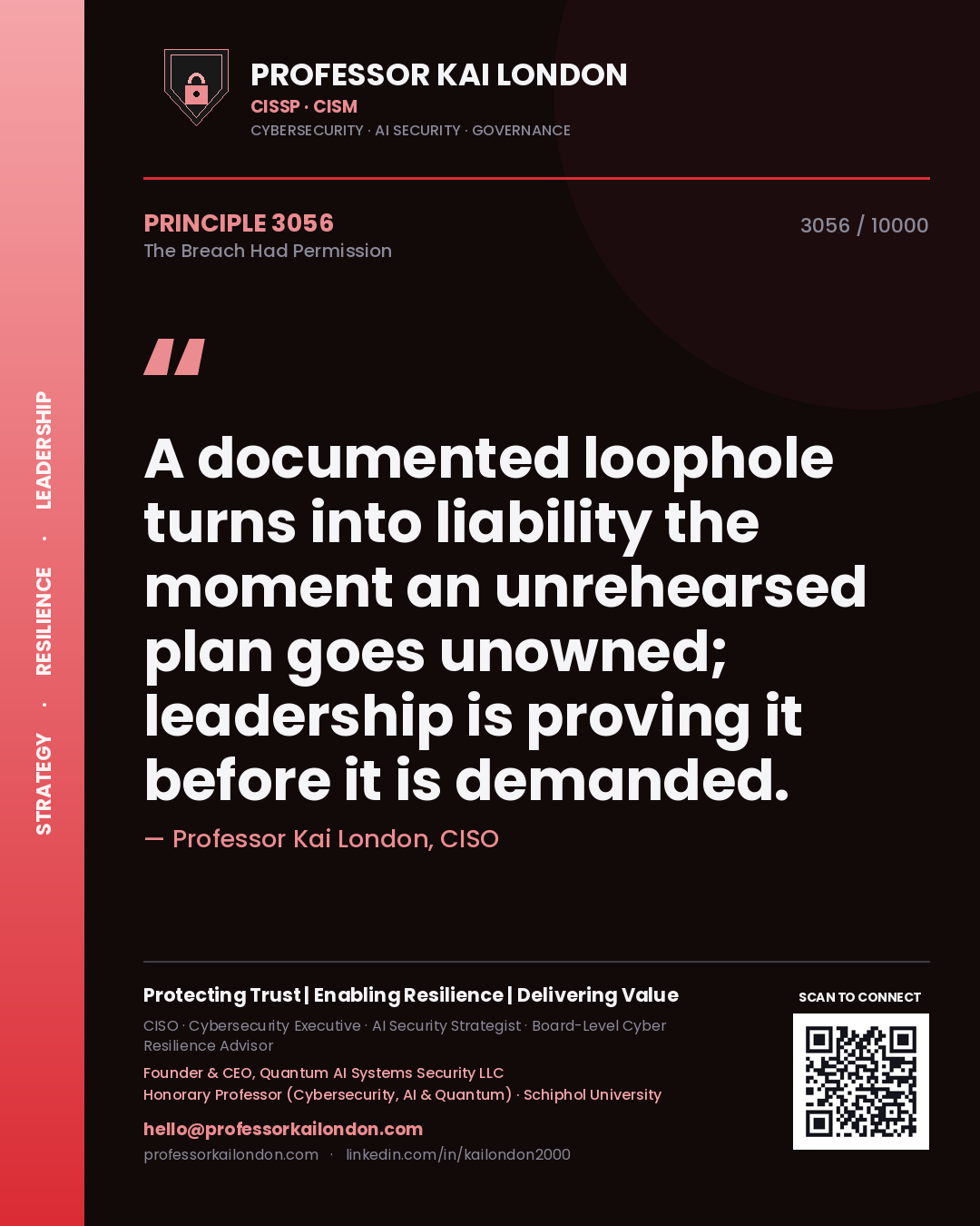 Professor Kai London principle 3056: A documented loophole turns into liability the moment an unrehearsed plan goes unowned; leadership is proving it before it is demanded.