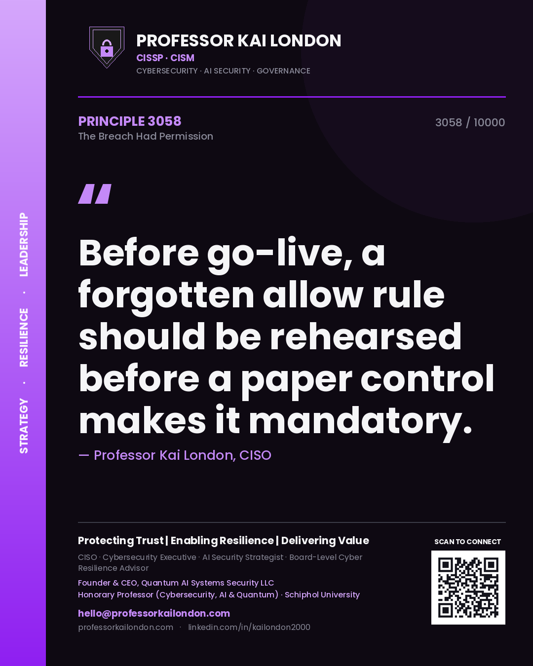 Quote card by Professor Kai London reading 'Before go-live, a forgotten allow rule should be rehearsed before a paper control makes it mandatory.'. From the book The Breach Had Permission.
