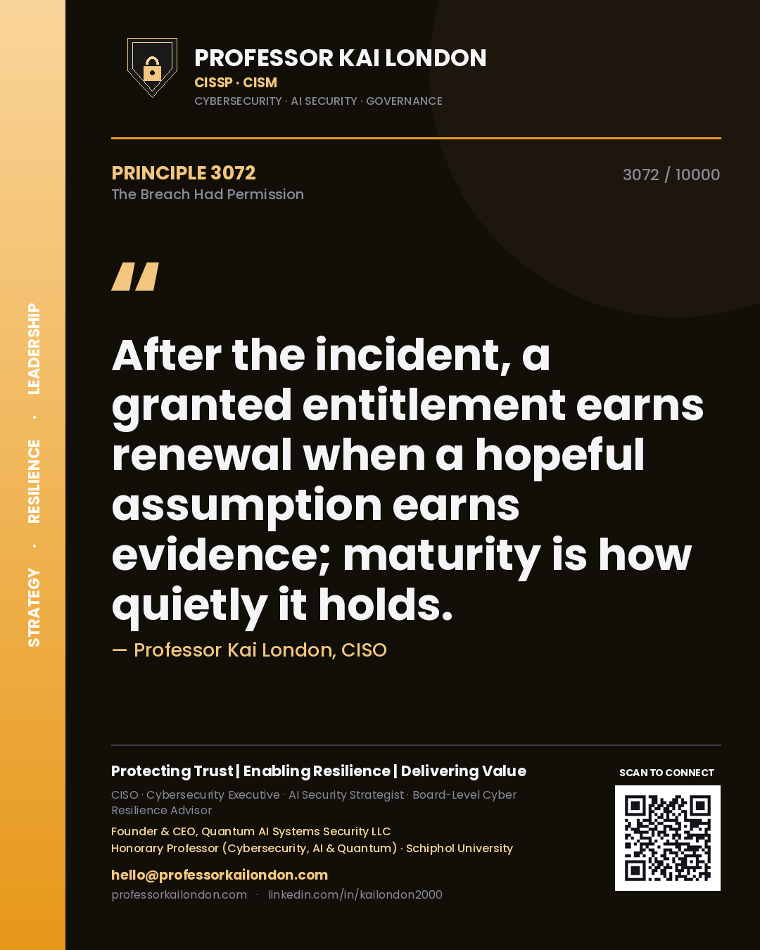 Professor Kai London principle 3072: After the incident, a granted entitlement earns renewal when a hopeful assumption earns evidence; maturity is how quietly it holds.