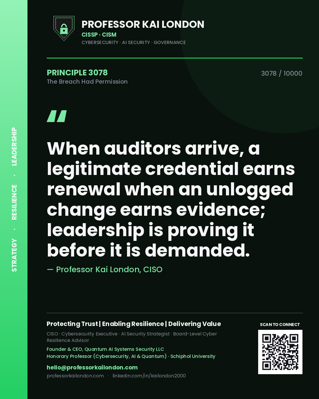 Quote card by Professor Kai London reading 'When auditors arrive, a legitimate credential earns renewal when an unlogged change earns evidence; leadership is proving it before it is demanded.'. From the book The Breach Had Permission.