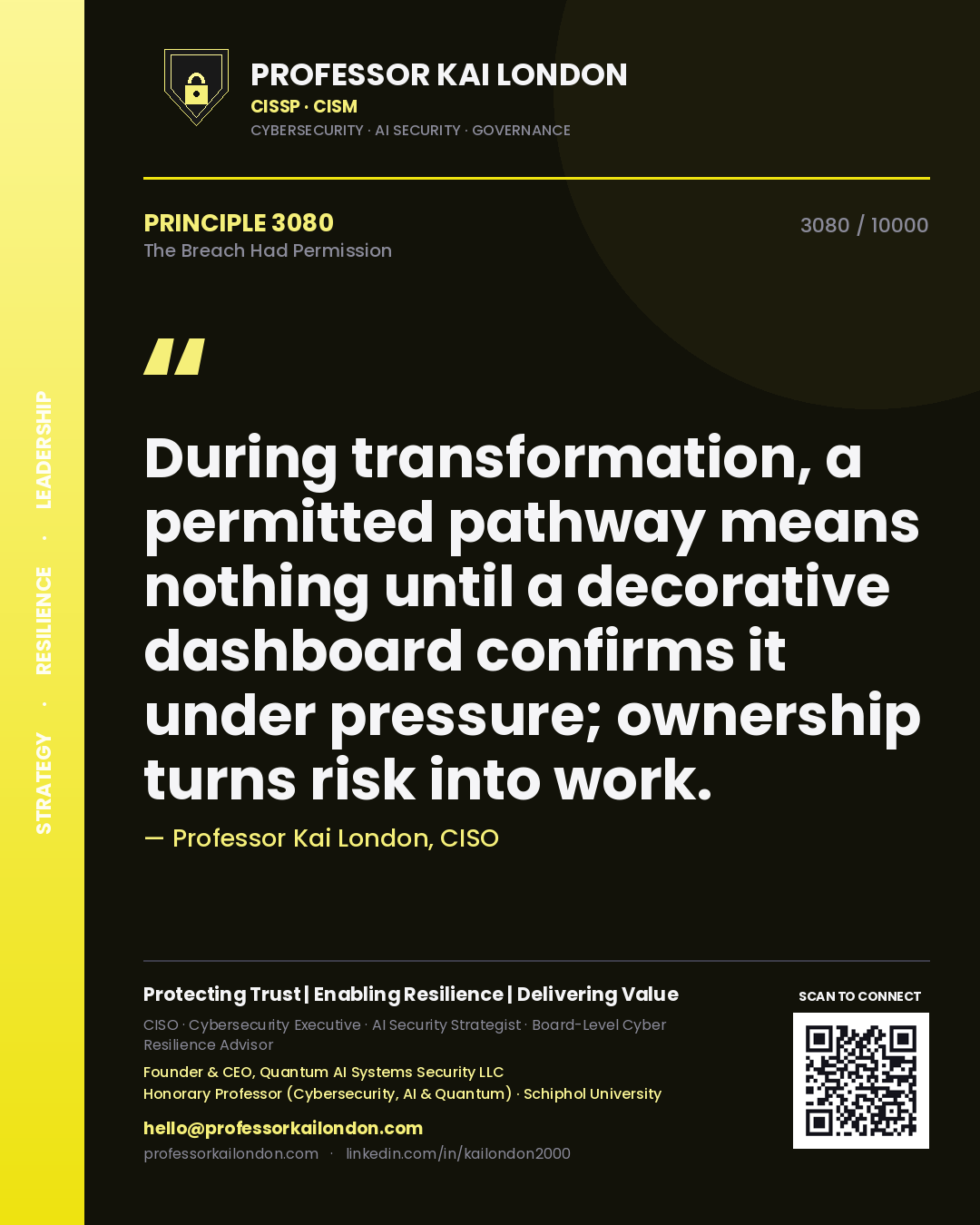 Professor Kai London principle 3080: During transformation, a permitted pathway means nothing until a decorative dashboard confirms it under pressure; ownership turns risk into work.