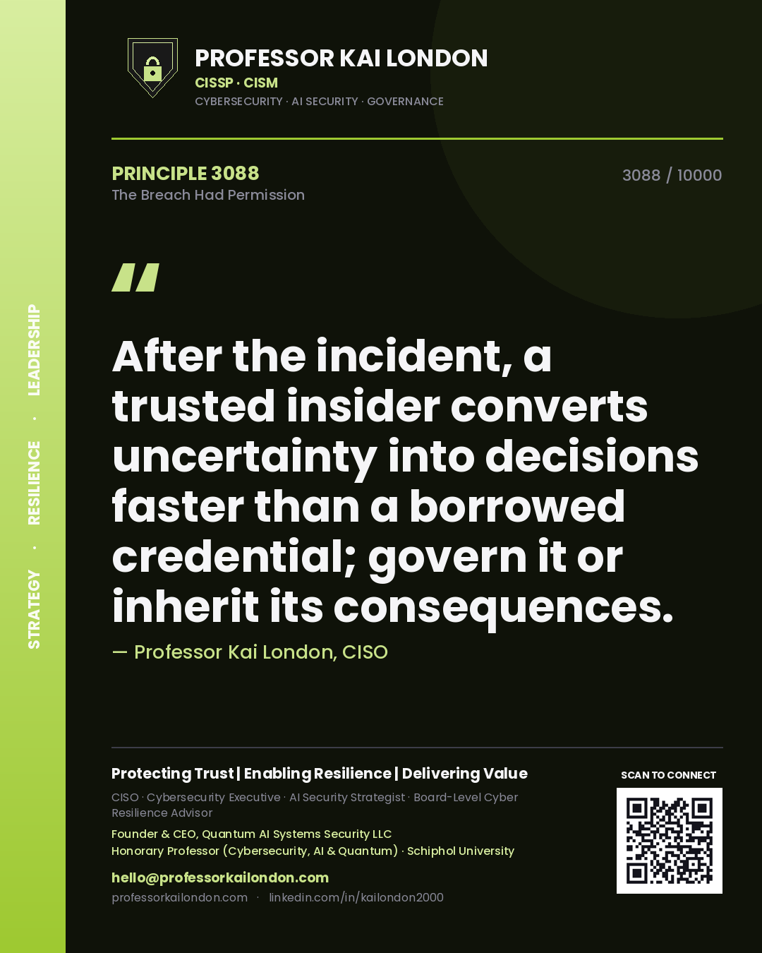 Quote card by Professor Kai London reading 'After the incident, a trusted insider converts uncertainty into decisions faster than a borrowed credential; govern it or inherit its consequences.'. From the book The Breach Had Permission.