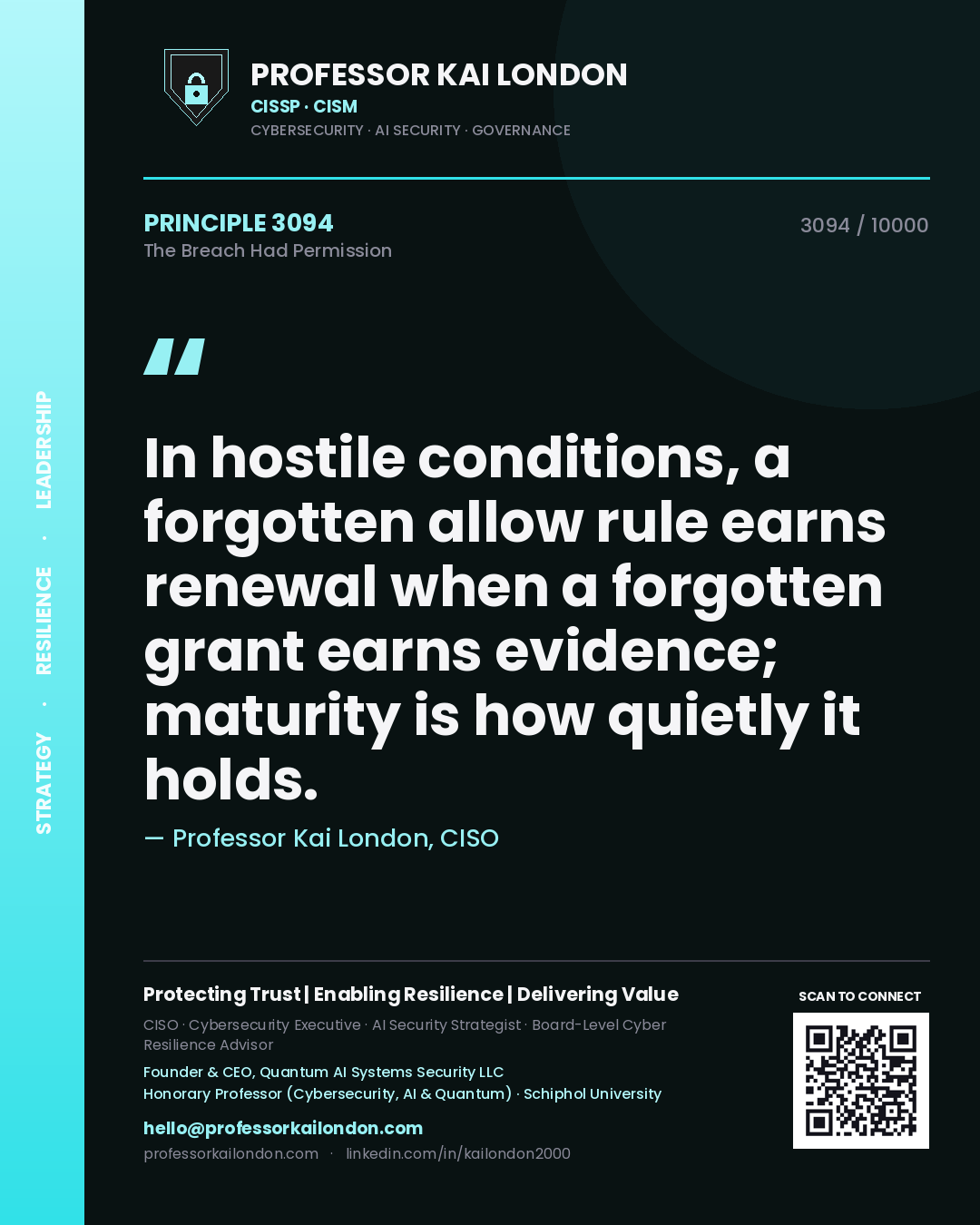 Quote card by Professor Kai London reading 'In hostile conditions, a forgotten allow rule earns renewal when a forgotten grant earns evidence; maturity is how quietly it holds.'. From the book The Breach Had Permission.