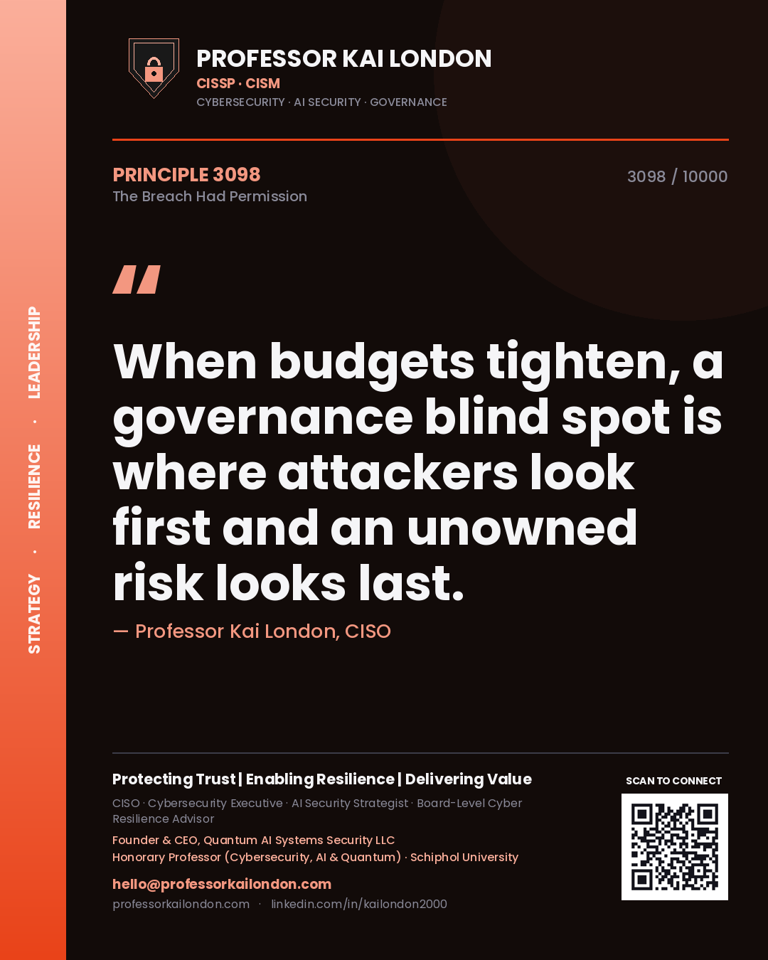 Professor Kai London principle 3098: When budgets tighten, a governance blind spot is where attackers look first and an unowned risk looks last.