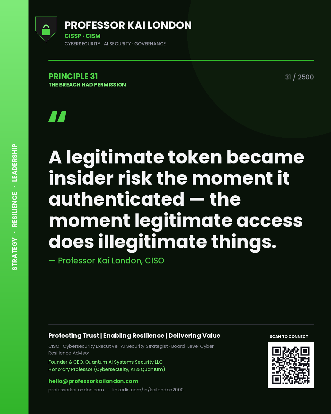Professor Kai London principle 31: A legitimate token became insider risk the moment it authenticated — the moment legitimate access does illegitimate things.