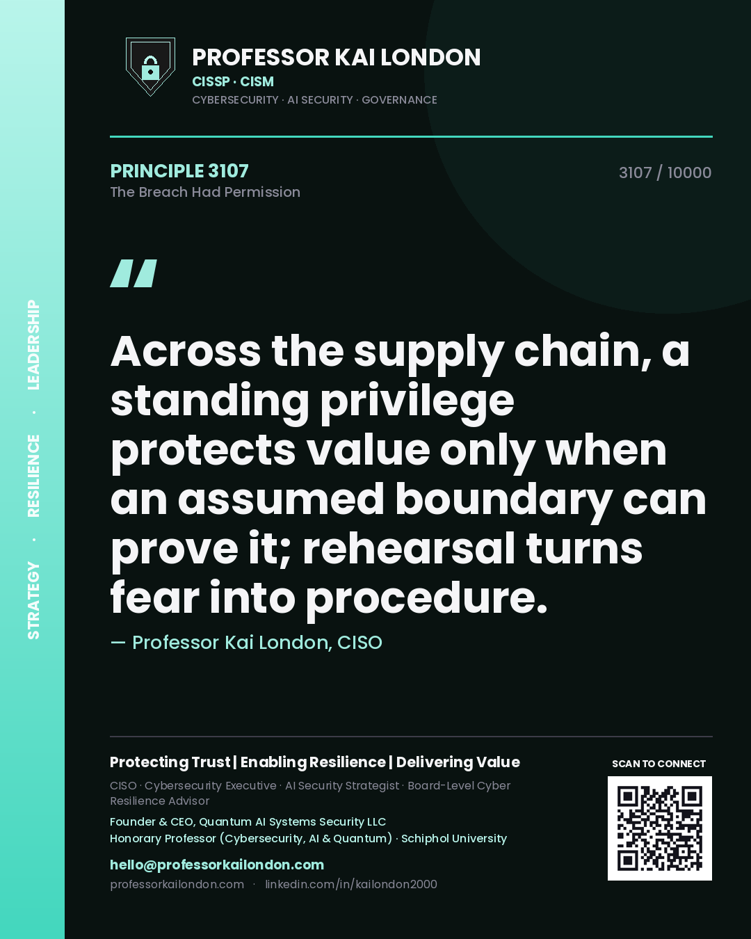 Professor Kai London principle 3107: Across the supply chain, a standing privilege protects value only when an assumed boundary can prove it; rehearsal turns fear into procedure.