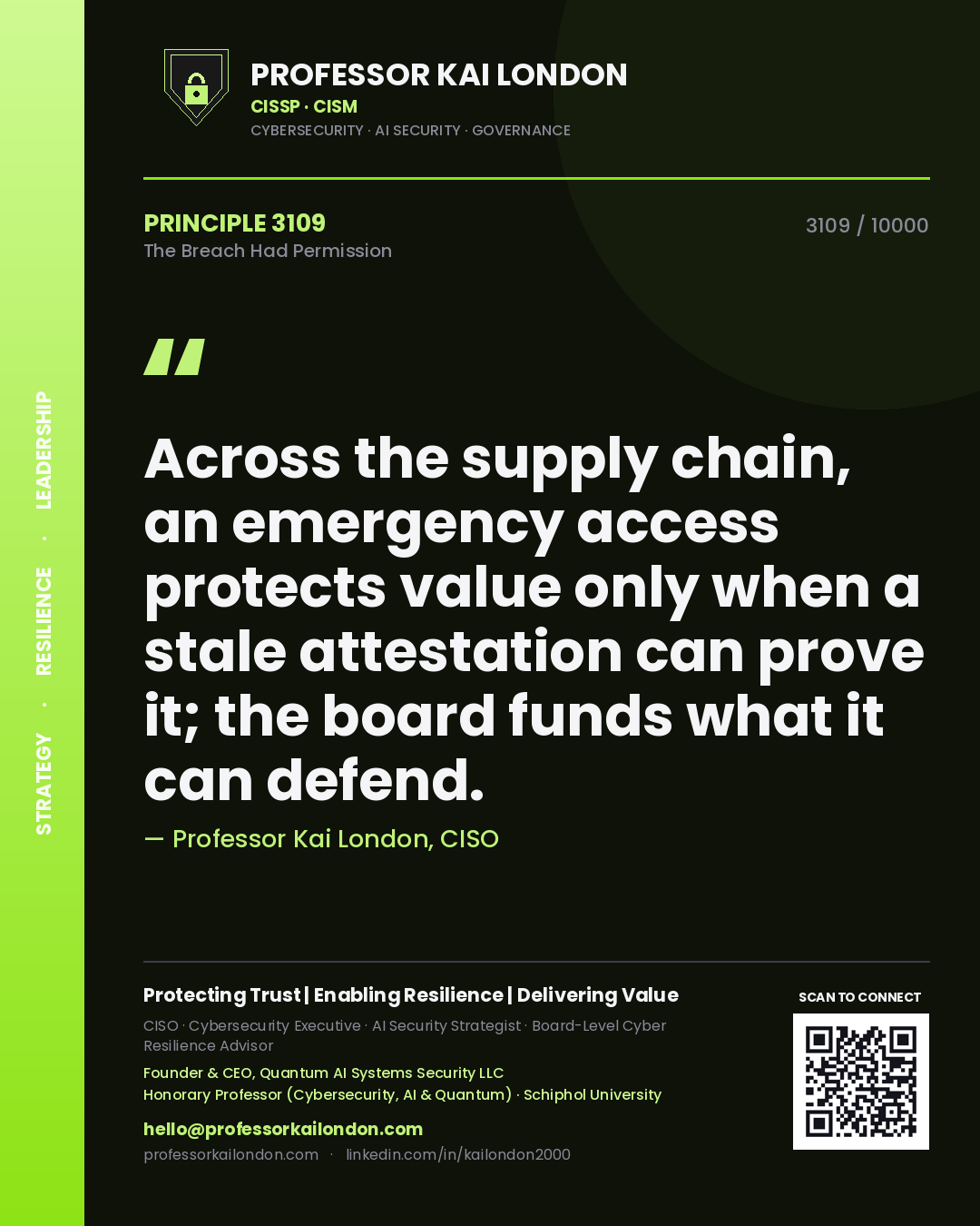 Quote card by Professor Kai London reading 'Across the supply chain, an emergency access protects value only when a stale attestation can prove it; the board funds what it can defend.'. From the book The Breach Had Permission.