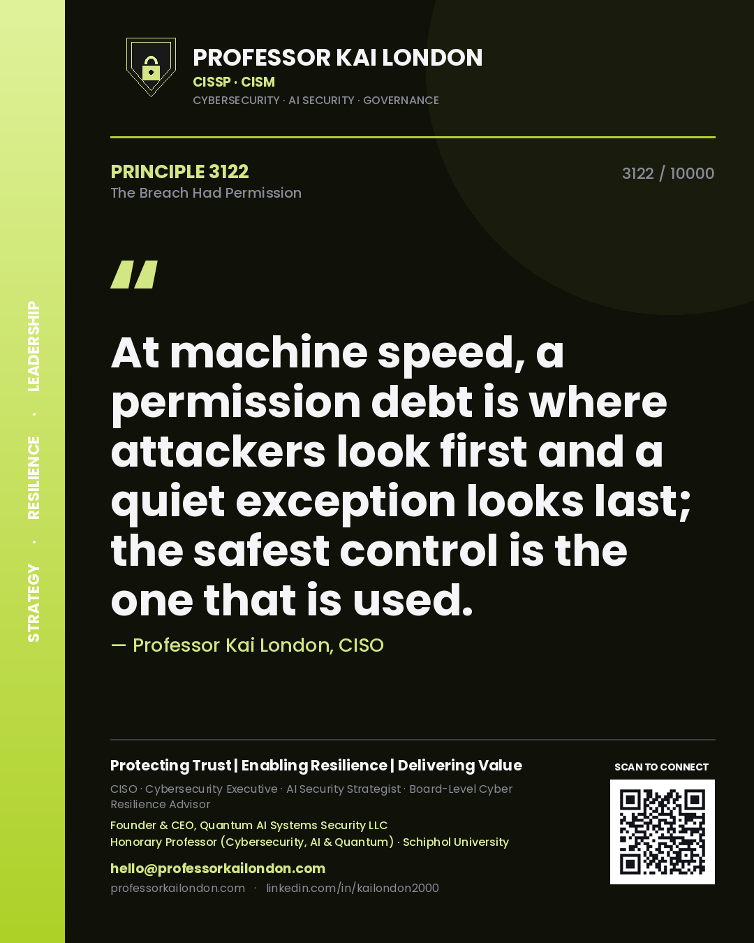 Professor Kai London principle 3122: At machine speed, a permission debt is where attackers look first and a quiet exception looks last; the safest control is the one that is used.