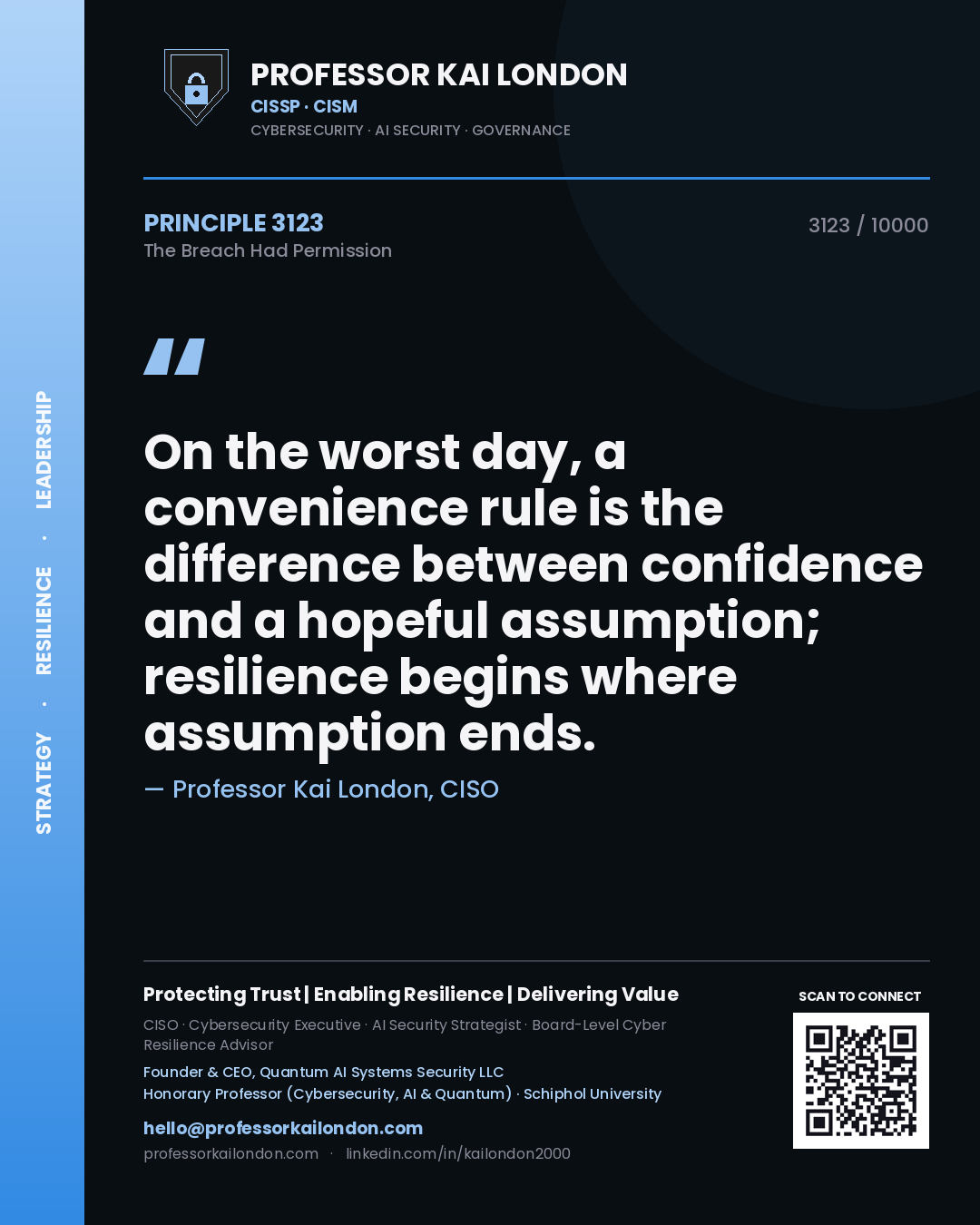 Professor Kai London principle 3123: On the worst day, a convenience rule is the difference between confidence and a hopeful assumption; resilience begins where assumption ends.