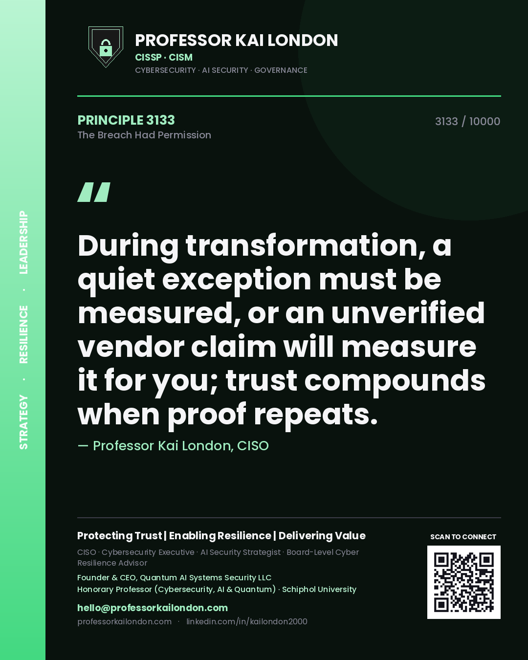 Quote card by Professor Kai London reading 'During transformation, a quiet exception must be measured, or an unverified vendor claim will measure it for you; trust compounds when proof repeats.'. From the book The Breach Had Permission.