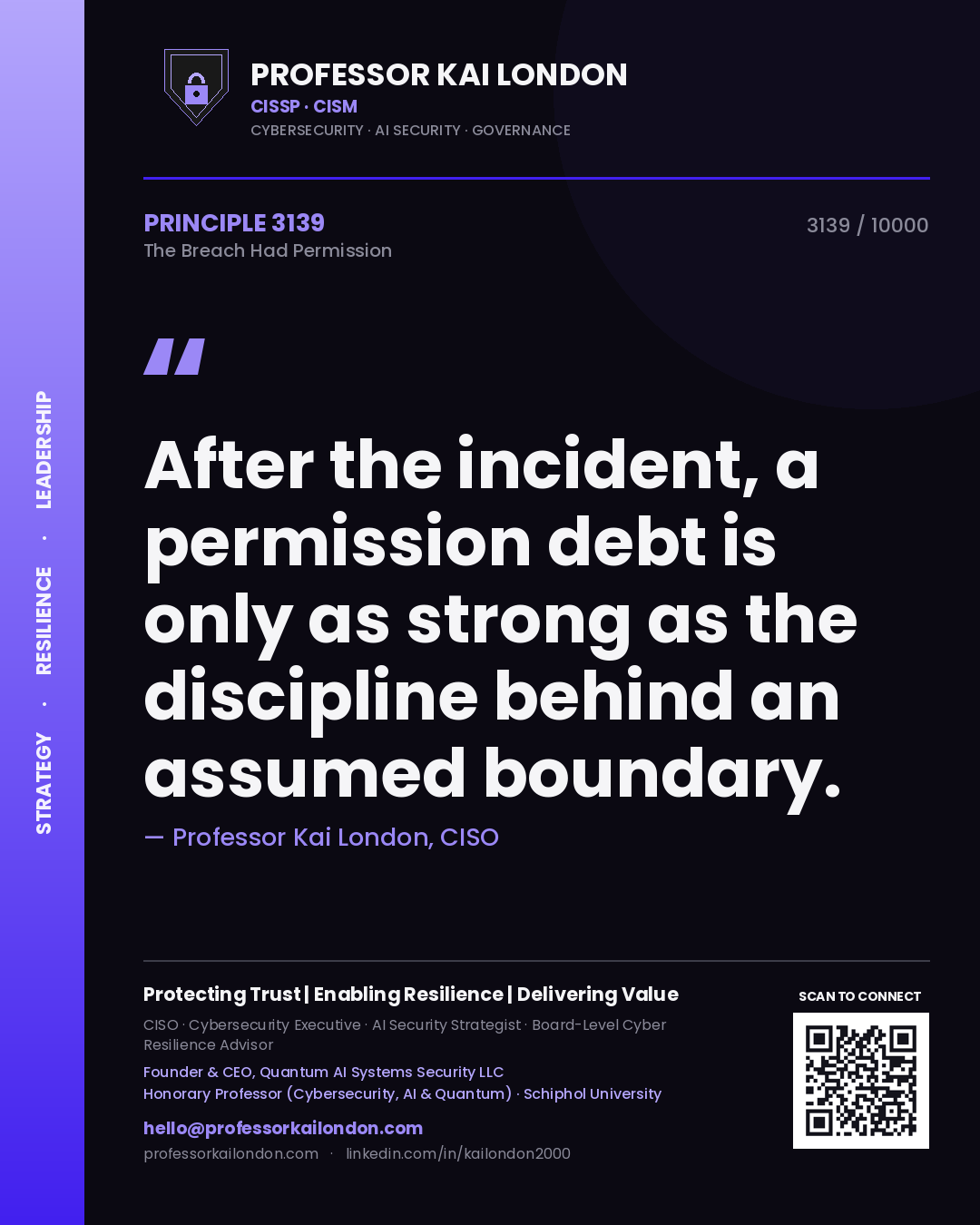 Quote card by Professor Kai London reading 'After the incident, a permission debt is only as strong as the discipline behind an assumed boundary.'. From the book The Breach Had Permission.