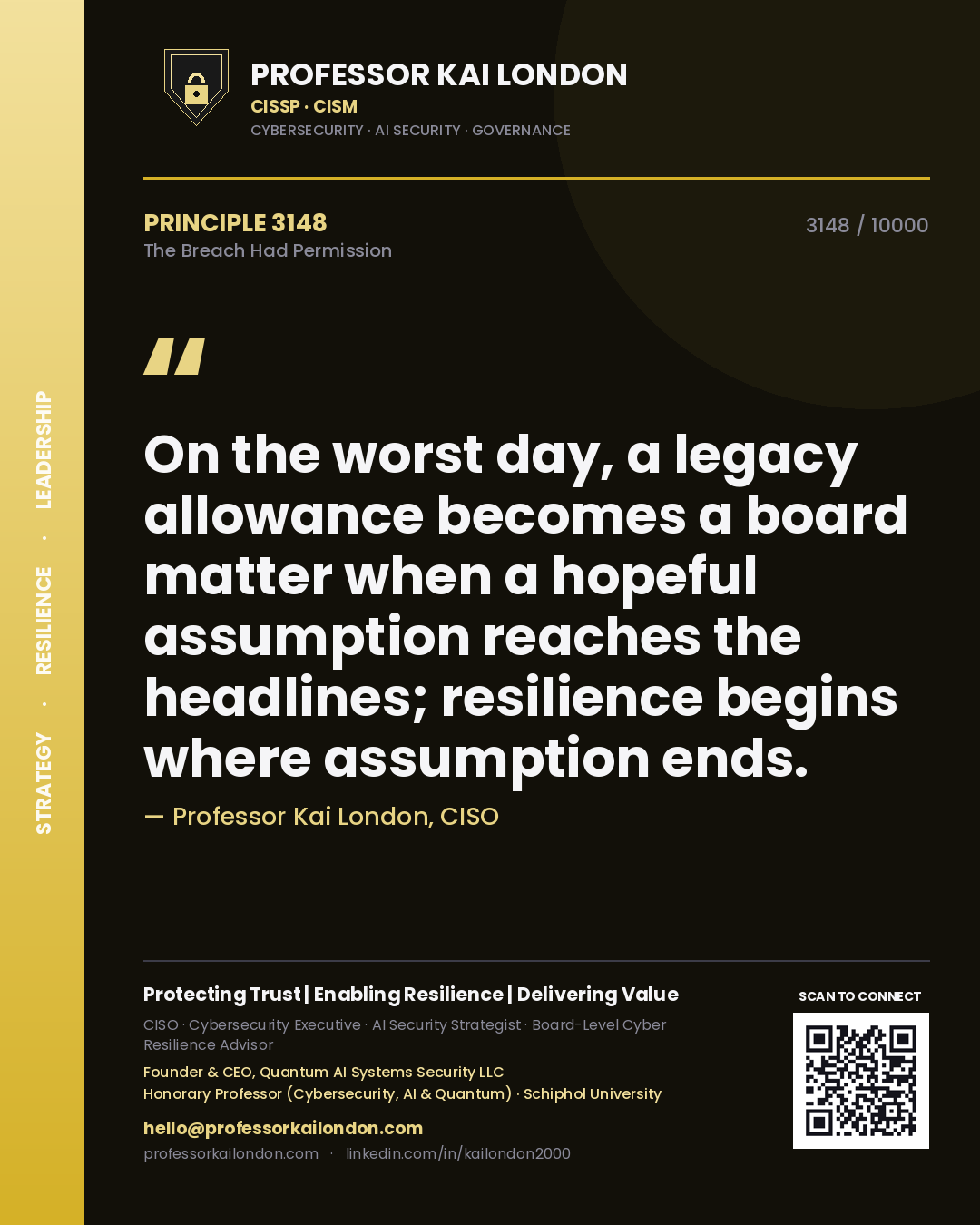 Quote card by Professor Kai London reading 'On the worst day, a legacy allowance becomes a board matter when a hopeful assumption reaches the headlines; resilience begins where assumption ends.'. From the book The Breach Had Permission.