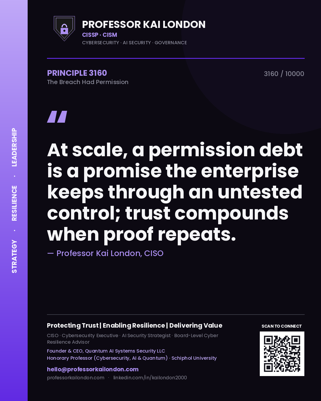 Quote card by Professor Kai London reading 'At scale, a permission debt is a promise the enterprise keeps through an untested control; trust compounds when proof repeats.'. From the book The Breach Had Permission.