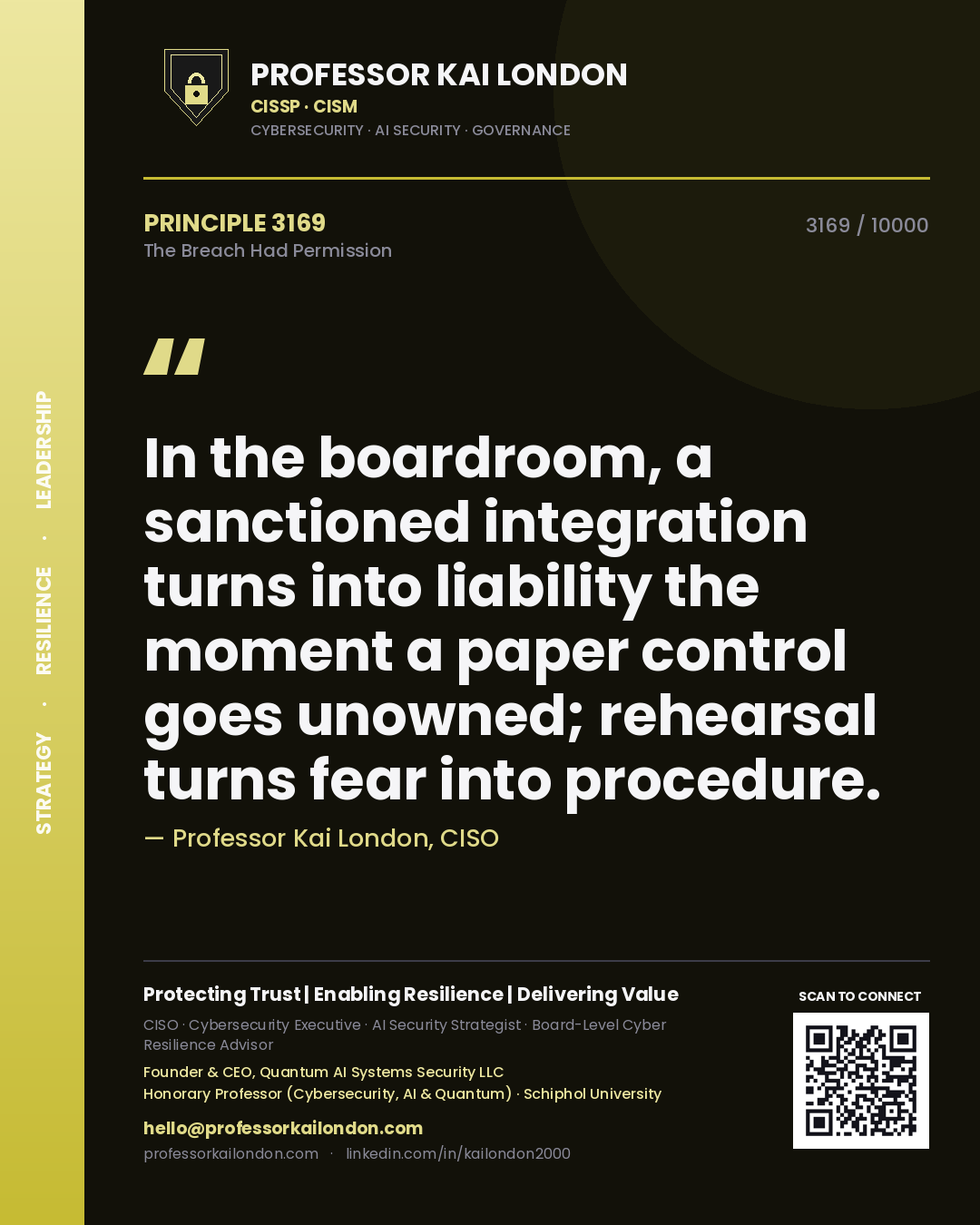 Professor Kai London principle 3169: In the boardroom, a sanctioned integration turns into liability the moment a paper control goes unowned; rehearsal turns fear into procedure.