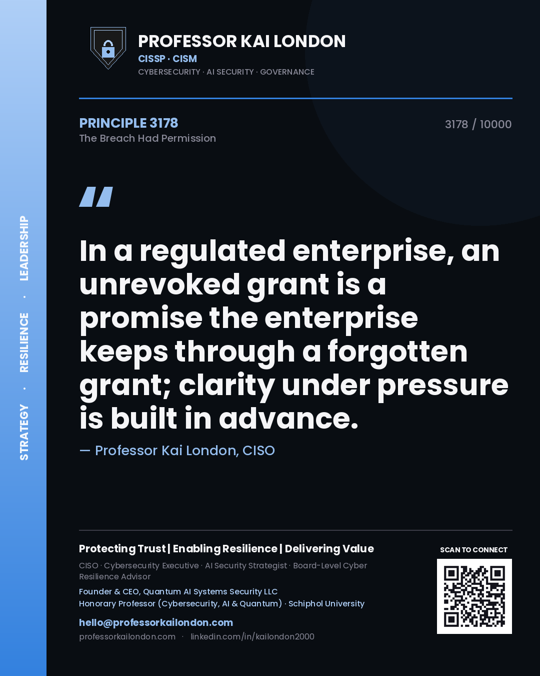 Professor Kai London principle 3178: In a regulated enterprise, an unrevoked grant is a promise the enterprise keeps through a forgotten grant; clarity under pressure is built in advance.