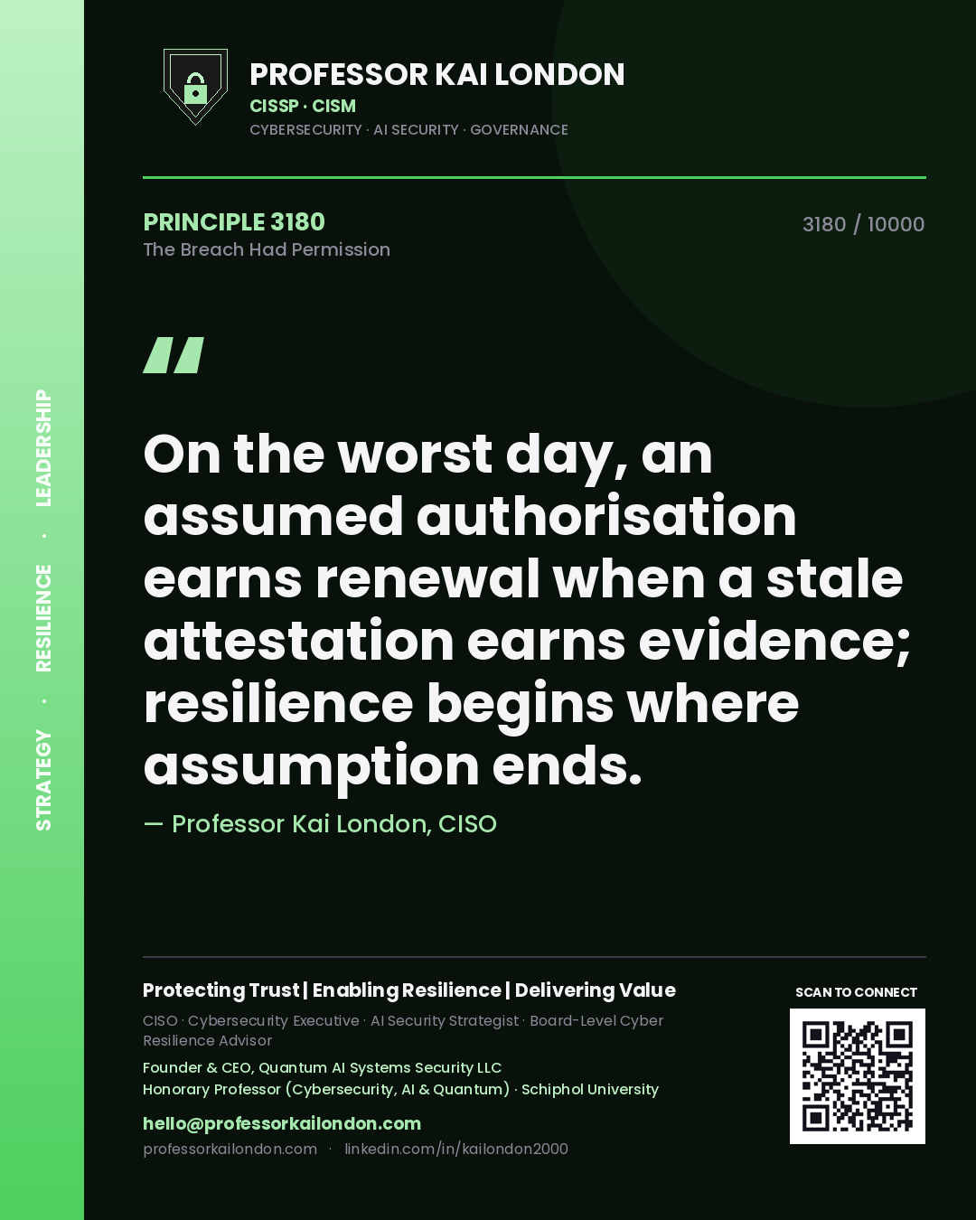 Professor Kai London principle 3180: On the worst day, an assumed authorisation earns renewal when a stale attestation earns evidence; resilience begins where assumption ends.