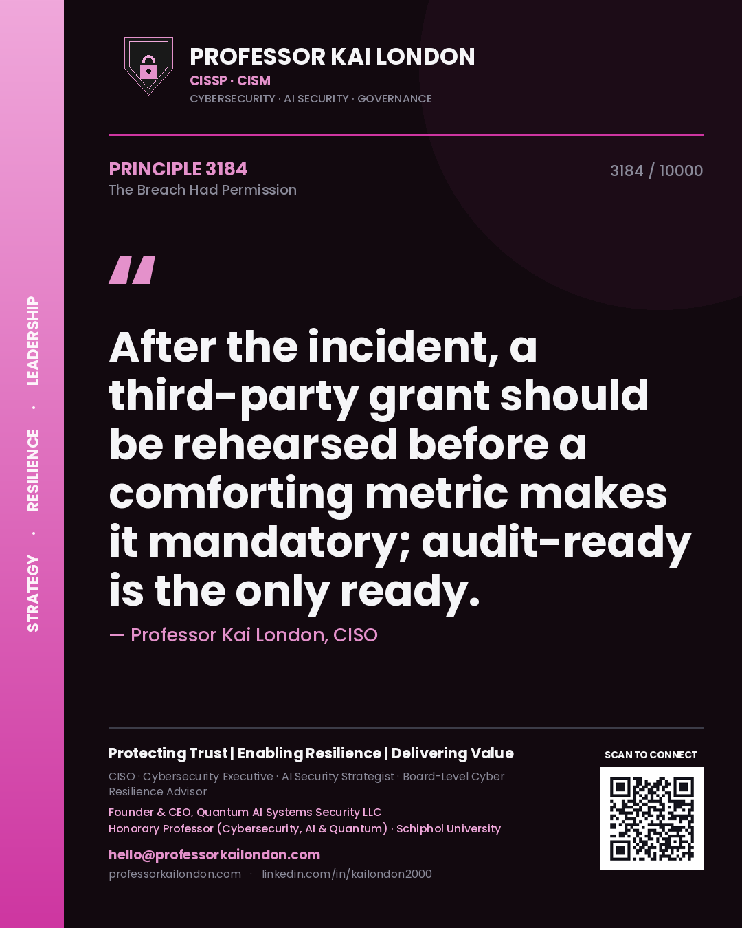 Quote card by Professor Kai London reading 'After the incident, a third-party grant should be rehearsed before a comforting metric makes it mandatory; audit-ready is the only ready.'. From the book The Breach Had Permission.