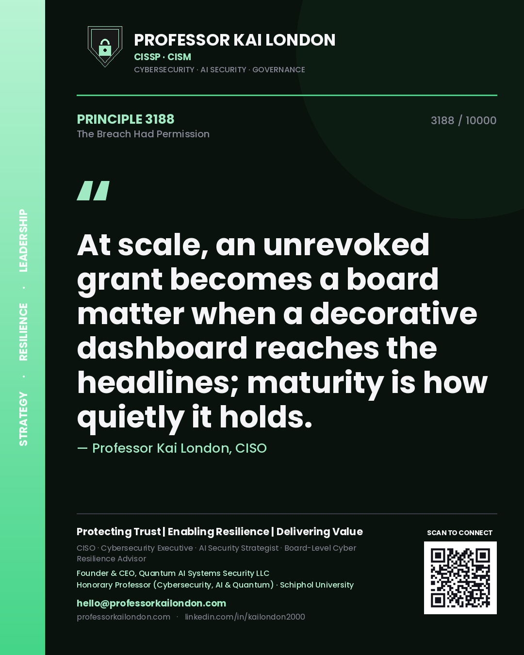 Professor Kai London principle 3188: At scale, an unrevoked grant becomes a board matter when a decorative dashboard reaches the headlines; maturity is how quietly it holds.