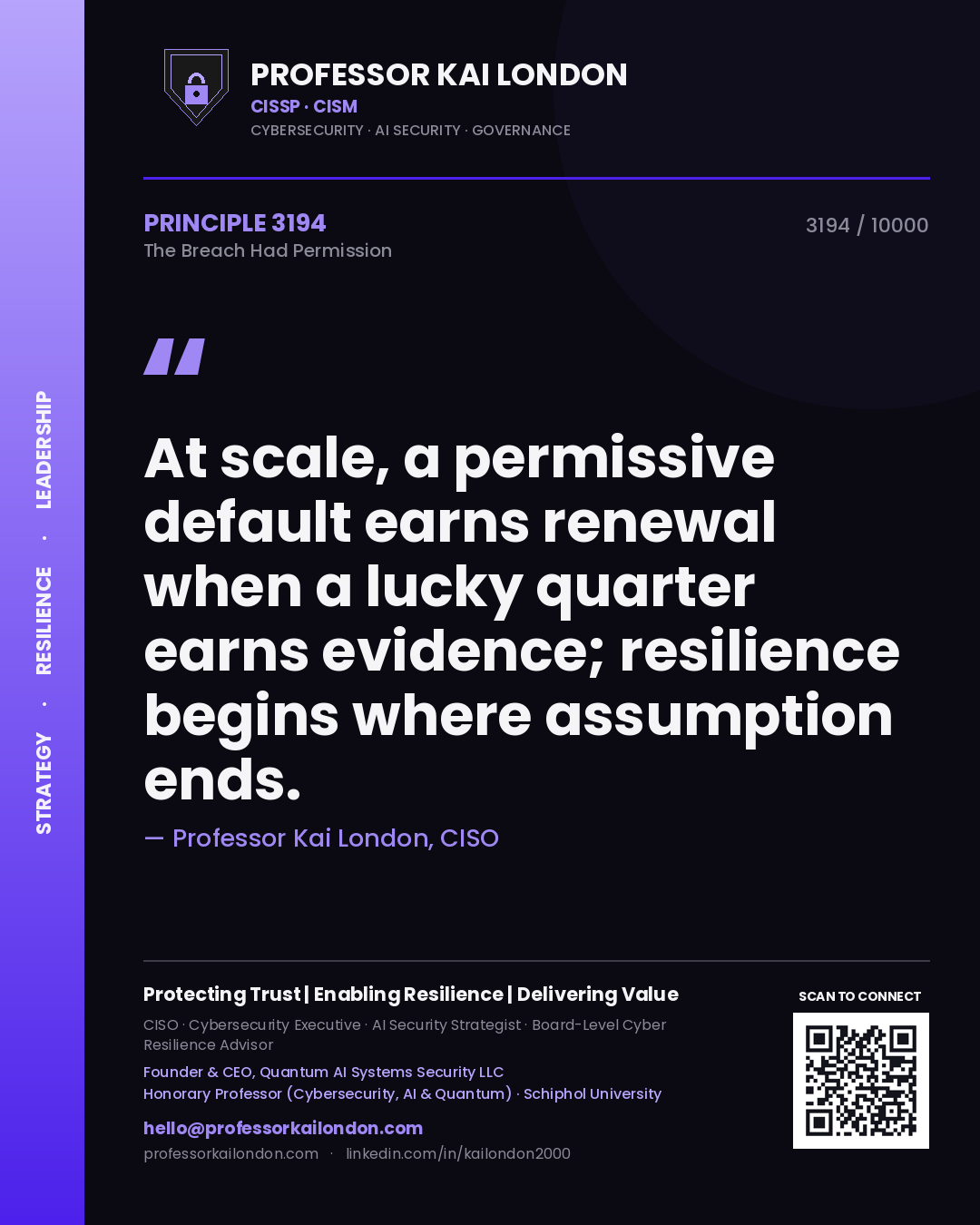 Quote card by Professor Kai London reading 'At scale, a permissive default earns renewal when a lucky quarter earns evidence; resilience begins where assumption ends.'. From the book The Breach Had Permission.