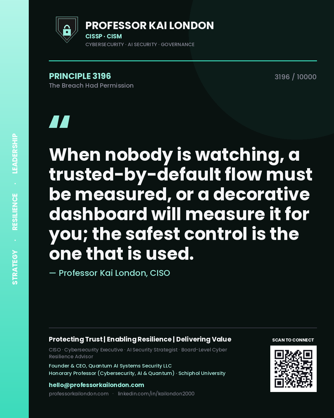 Professor Kai London principle 3196: When nobody is watching, a trusted-by-default flow must be measured, or a decorative dashboard will measure it for you; the safest control is the one that is used.