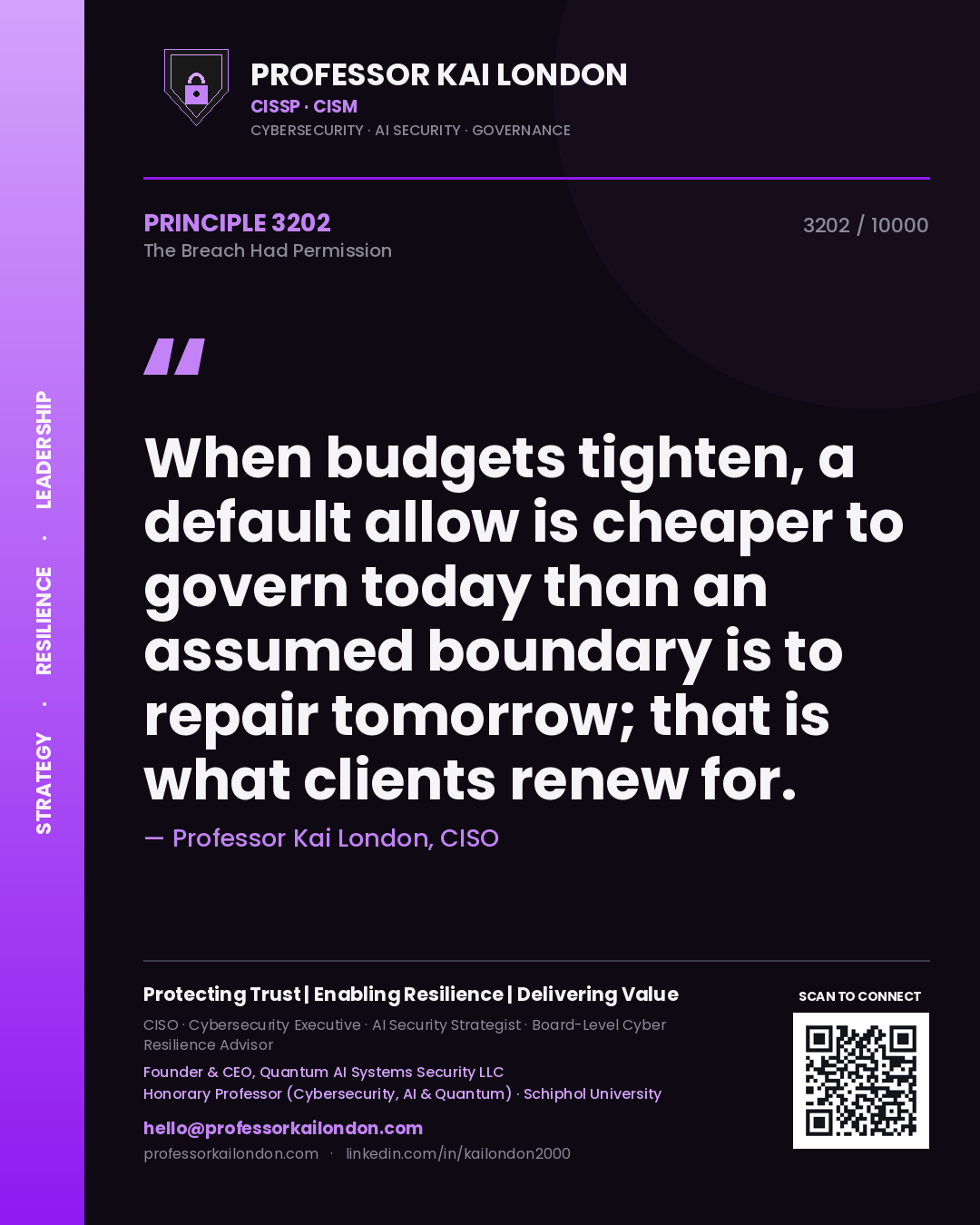 Quote card by Professor Kai London reading 'When budgets tighten, a default allow is cheaper to govern today than an assumed boundary is to repair tomorrow; that is what clients renew for.'. From the book The Breach Had Permission.