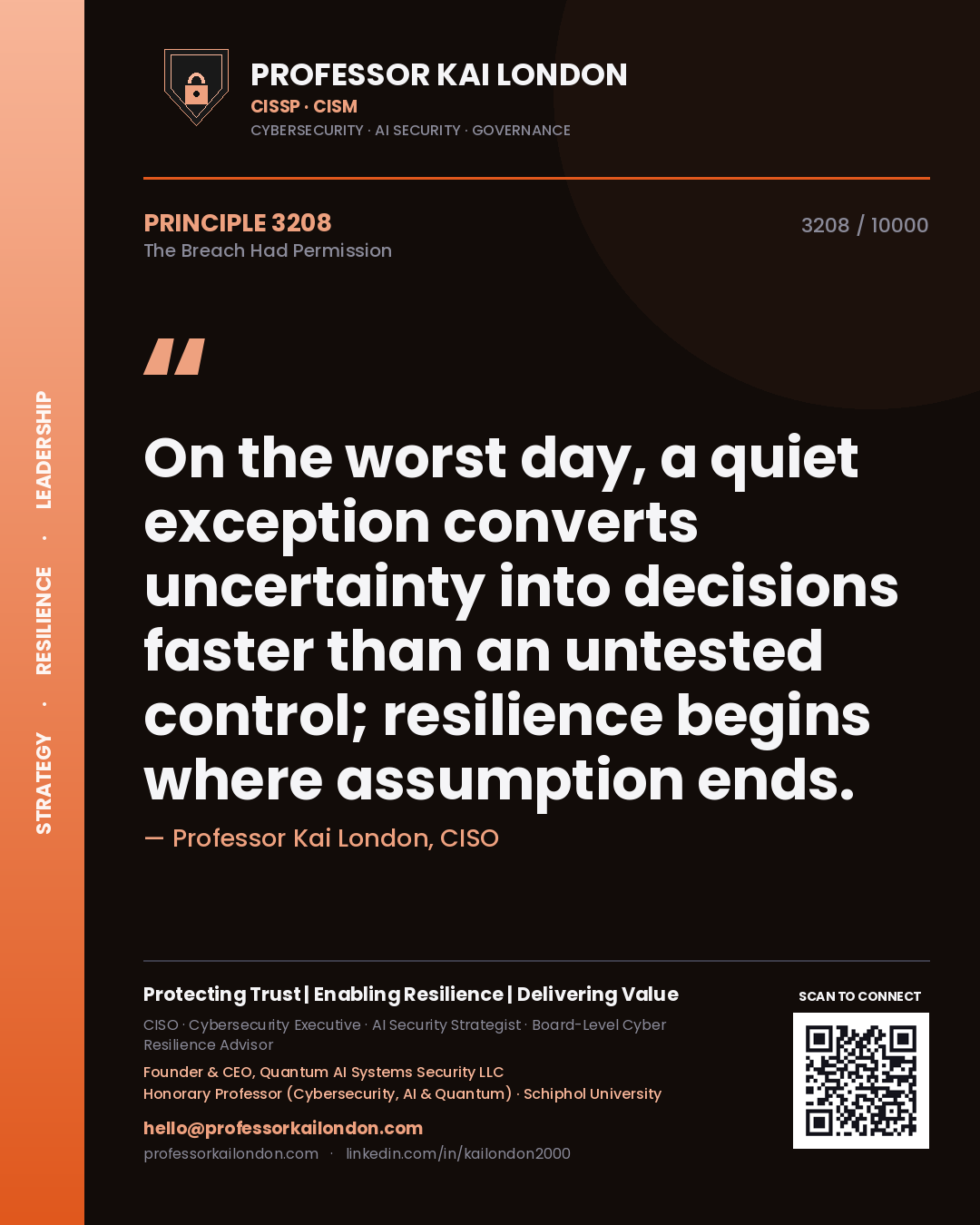 Quote card by Professor Kai London reading 'On the worst day, a quiet exception converts uncertainty into decisions faster than an untested control; resilience begins where assumption ends.'. From the book The Breach Had Permission.