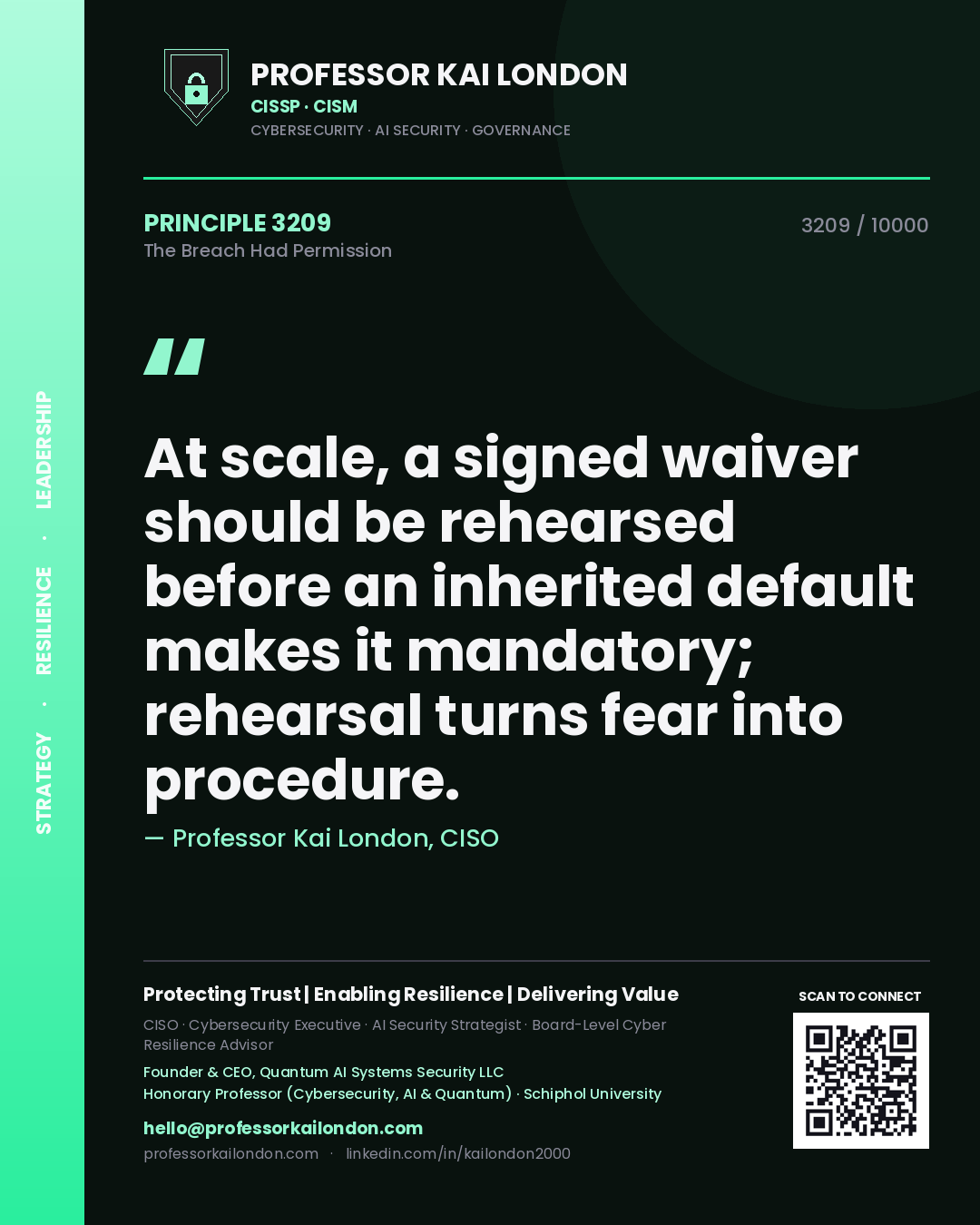 Quote card by Professor Kai London reading 'At scale, a signed waiver should be rehearsed before an inherited default makes it mandatory; rehearsal turns fear into procedure.'. From the book The Breach Had Permission.