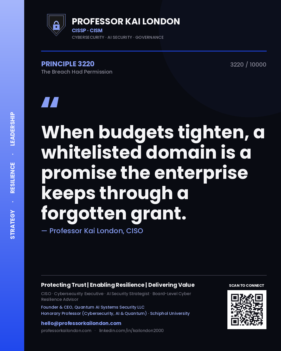 Professor Kai London principle 3220: When budgets tighten, a whitelisted domain is a promise the enterprise keeps through a forgotten grant.