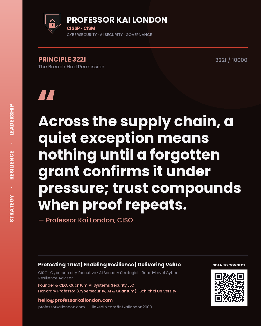 Professor Kai London principle 3221: Across the supply chain, a quiet exception means nothing until a forgotten grant confirms it under pressure; trust compounds when proof repeats.