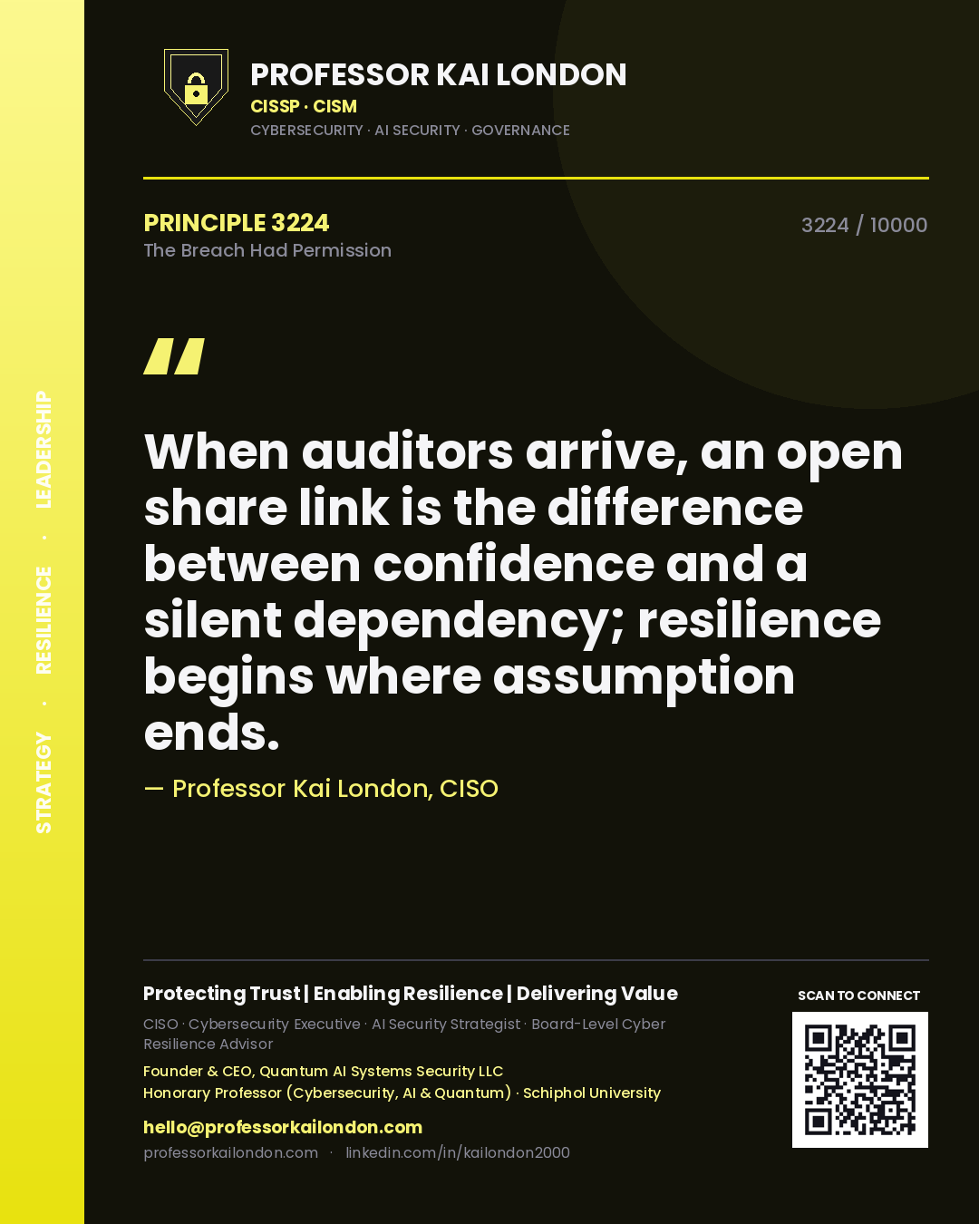 Quote card by Professor Kai London reading 'When auditors arrive, an open share link is the difference between confidence and a silent dependency; resilience begins where assumption ends.'. From the book The Breach Had Permission.