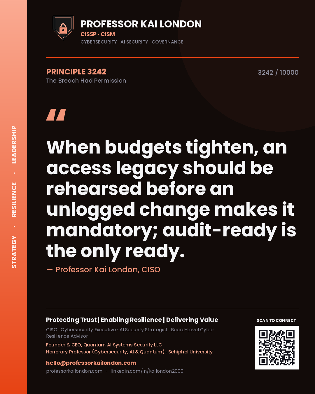 Quote card by Professor Kai London reading 'When budgets tighten, an access legacy should be rehearsed before an unlogged change makes it mandatory; audit-ready is the only ready.'. From the book The Breach Had Permission.