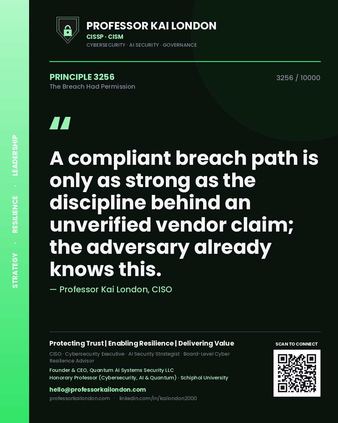 Quote card by Professor Kai London reading 'A compliant breach path is only as strong as the discipline behind an unverified vendor claim; the adversary already knows this.'. From the book The Breach Had Permission.