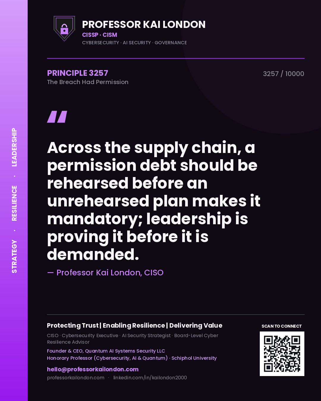 Quote card by Professor Kai London reading 'Across the supply chain, a permission debt should be rehearsed before an unrehearsed plan makes it mandatory; leadership is proving it before it is demanded.'. From the book The Breach Had Permission.