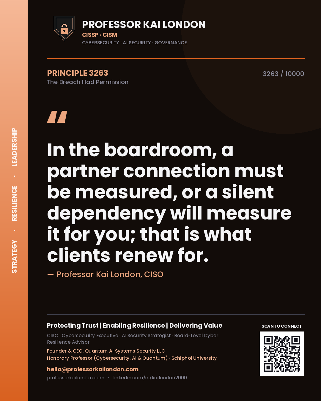 Professor Kai London principle 3263: In the boardroom, a partner connection must be measured, or a silent dependency will measure it for you; that is what clients renew for.